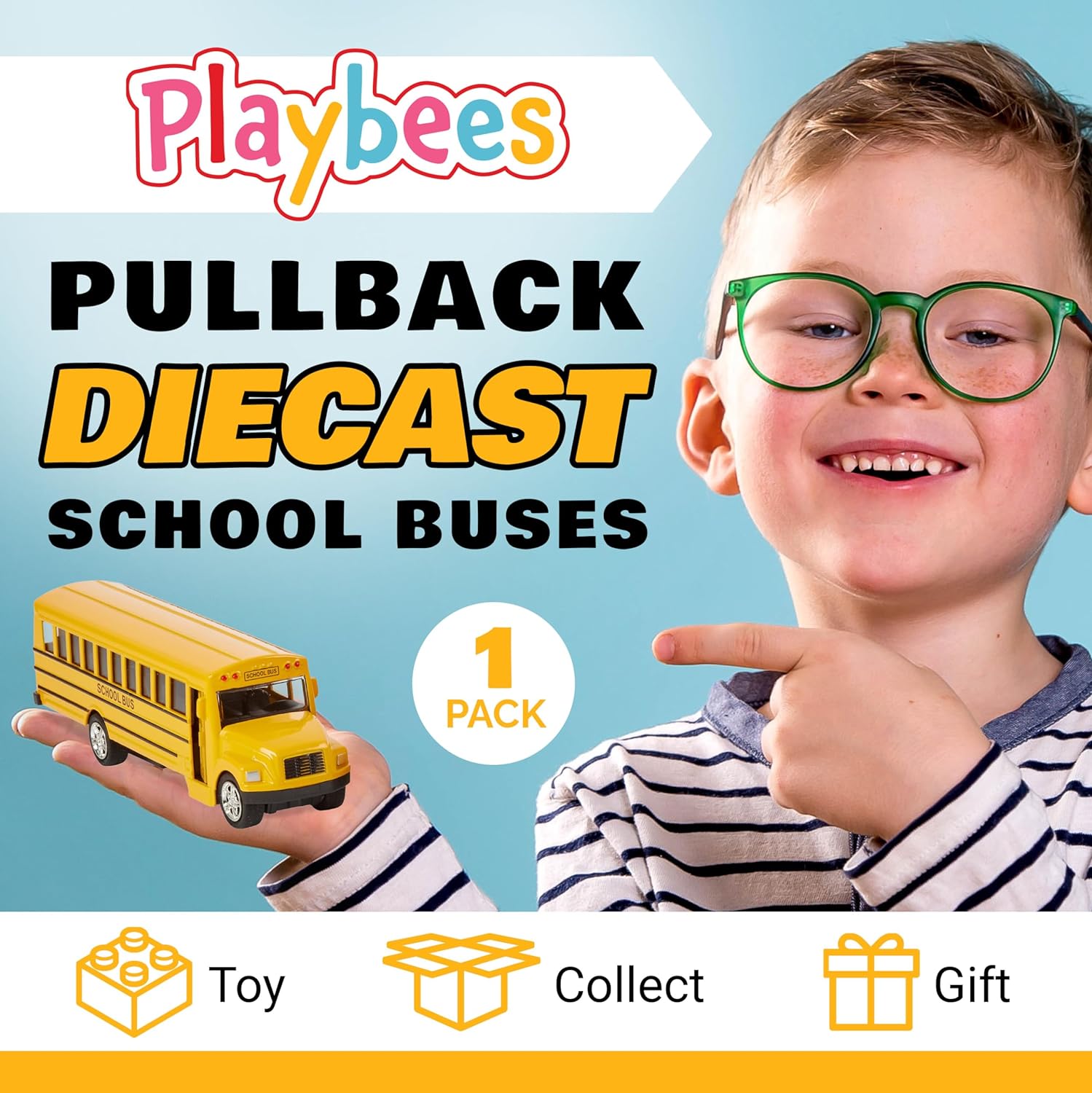 Pullback Diecast School Buses - 1 Pack - 5 Inch Yellow Metal Toys with Write-On Surfaces