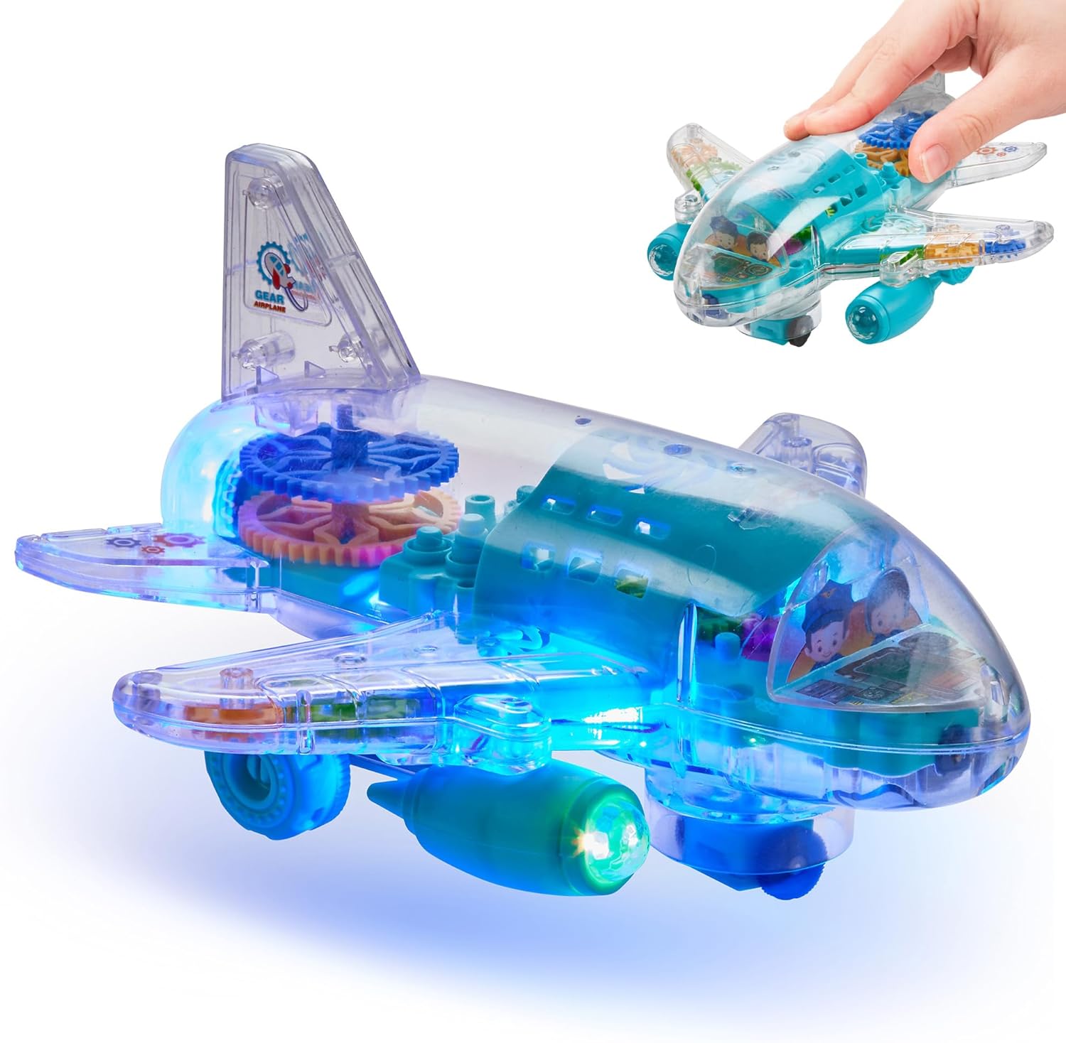 Light-Up Transparent Car Airplane for Kids - 1 Pack - Bump and Go Colorful Moving Gears, Music, LED Effects