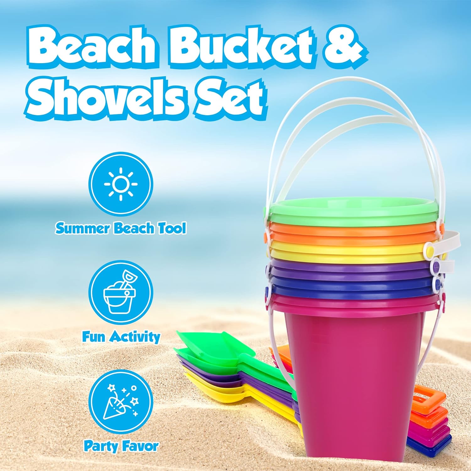 Beach Sand Toy Set - 12 Sets of Buckets and Shovels - 7 Inches - Sand Castle Beach Mold Pails
