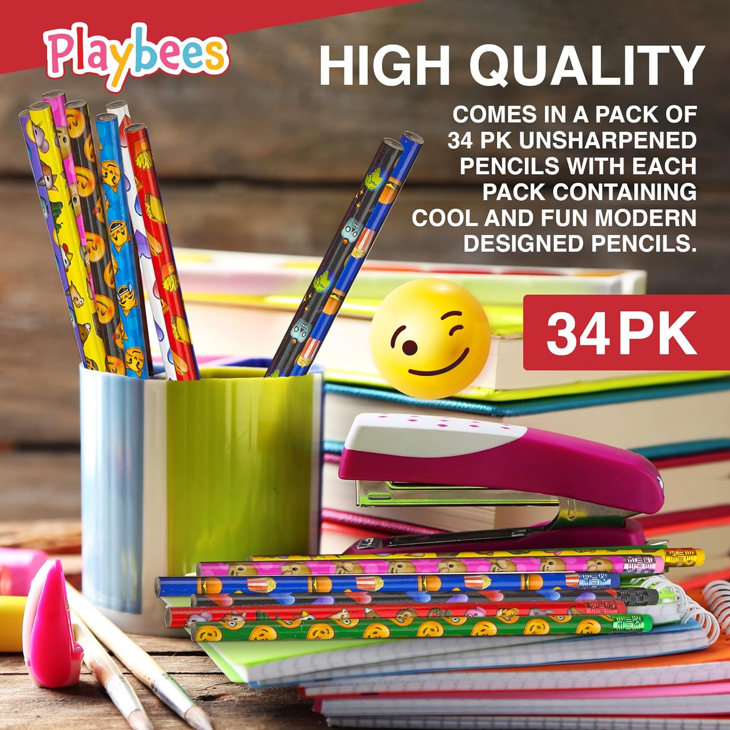 Emoticon Pencils - 36 Pack - Fun & Vibrant Writing Tools with Erasers - Assorted Emote Designs