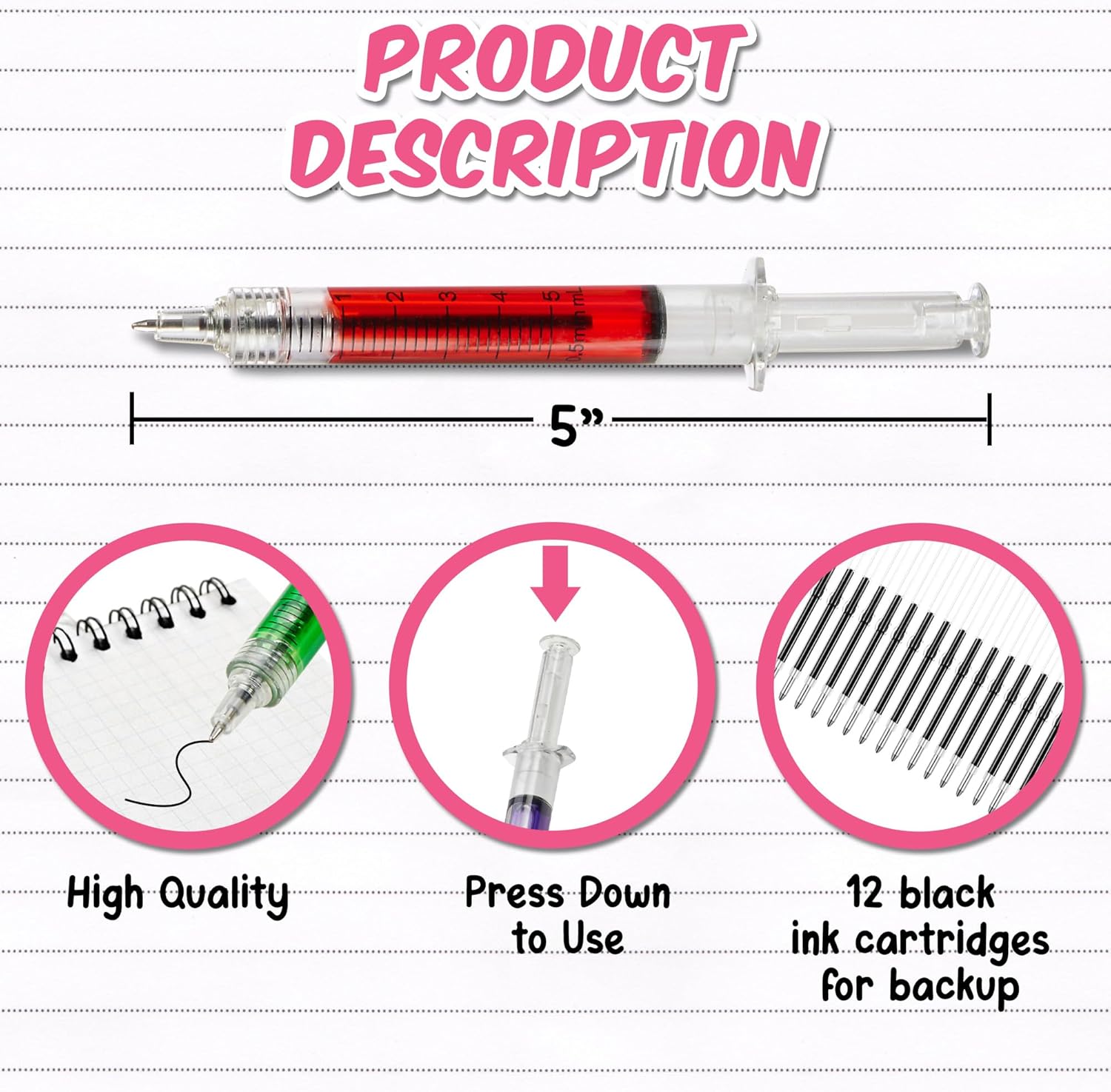Syringe Pens - 12 Pack - Retractable Ballpoint Pens with 6 Colors - Perfect for School, Parties and Medical-Themed Presents