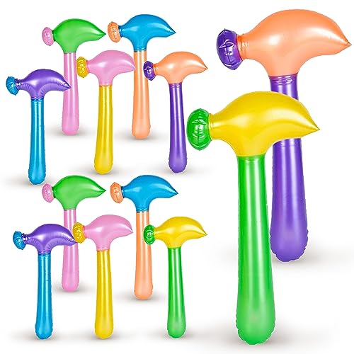 Multi-Colored Inflatable Hammer 14 Inch - 12 Pack - Assorted Neon Mallets - Perfect for Backdrops, Decor, Party Favors