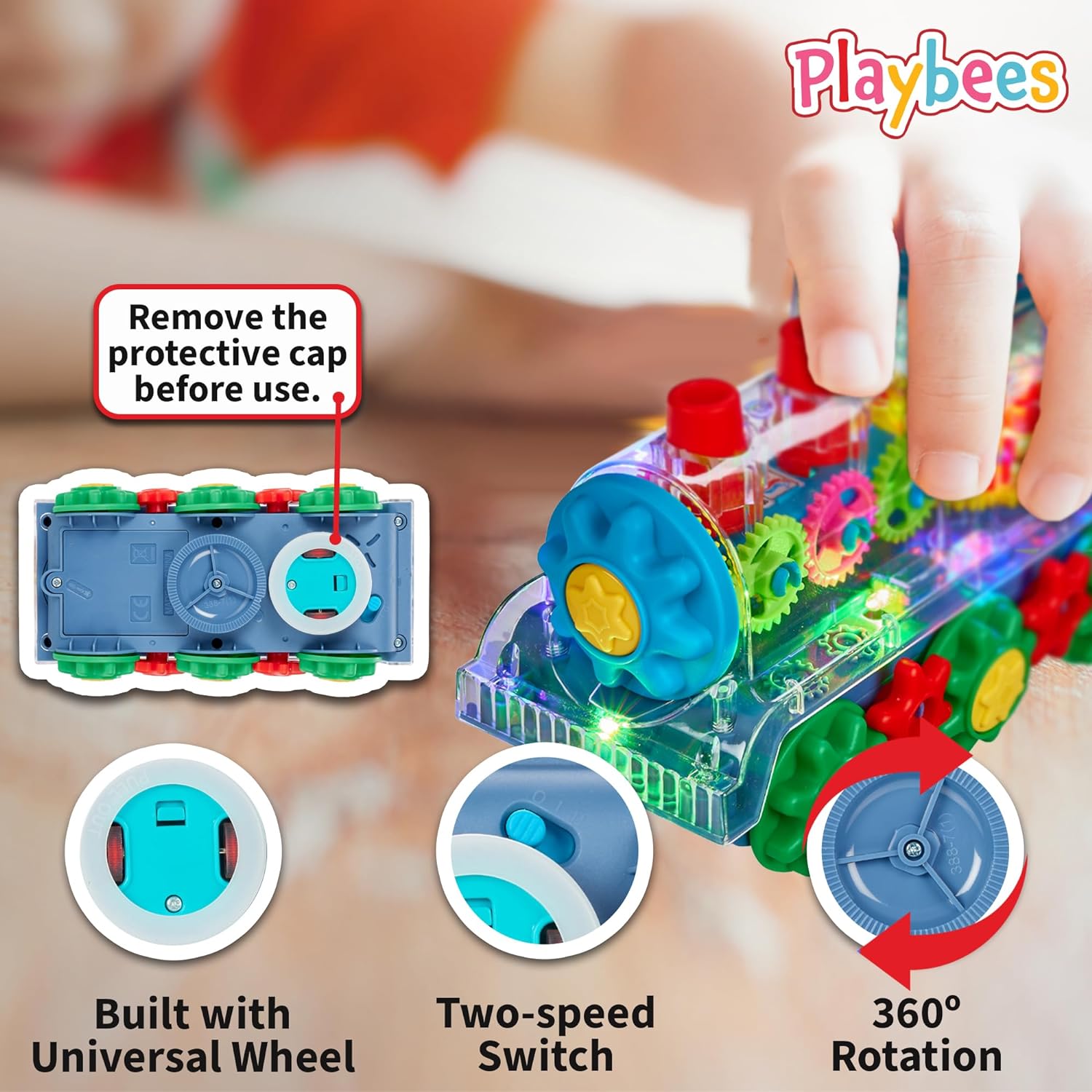 Light-Up Transparent Train Toy for Kids - 1 Pack - Bump and Go Colorful Moving Gears, Music, LED Effects