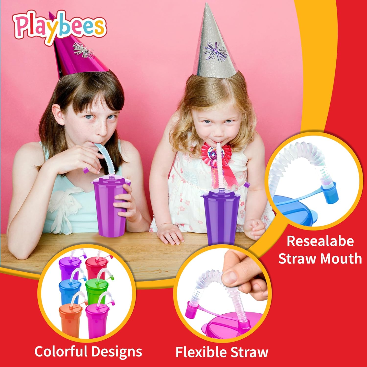Neon Sipper Cups - 12 pack 6 Oz. - Colorful, Spill-Proof Cups with Lids and Straws - Party Supplies