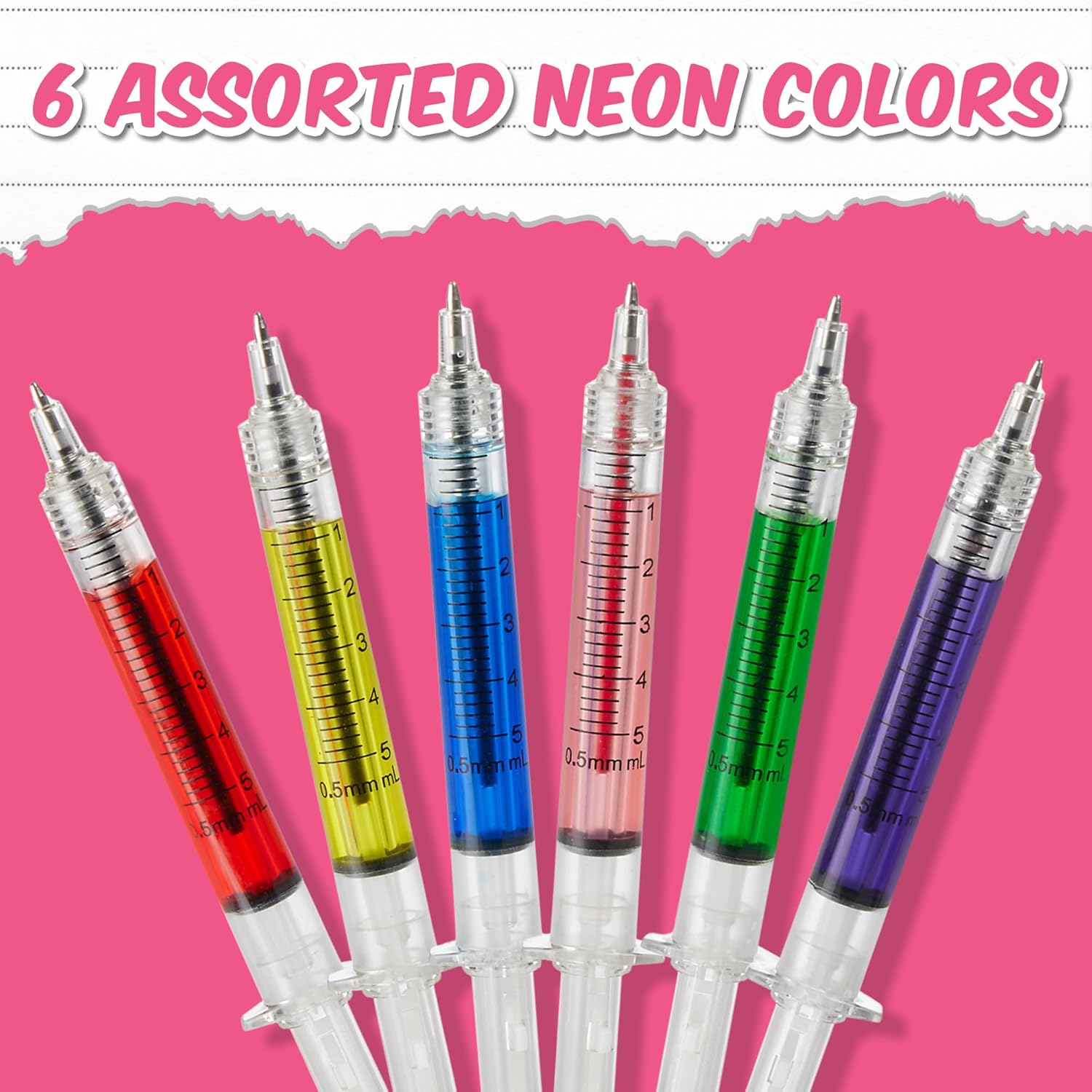 Syringe Pens - 12 Pack - Retractable Ballpoint Pens with 6 Colors - Perfect for School, Parties and Medical-Themed Presents