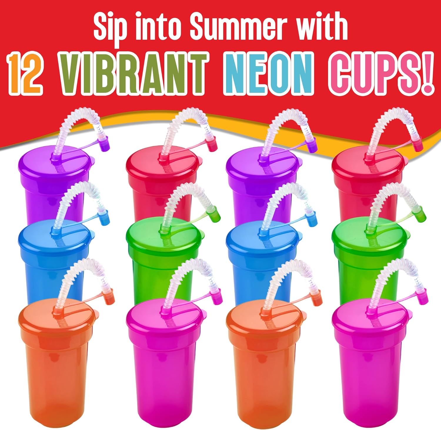 Neon Sipper Cups - 12 pack 6 Oz. - Colorful, Spill-Proof Cups with Lids and Straws - Party Supplies