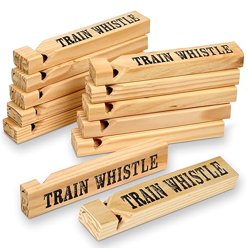 Wooden Train Whistles - 12 Pack - Fun Wood Train Whistle for Kids, Train Party Favors, Noisemakers, Goodie Bag Fillers
