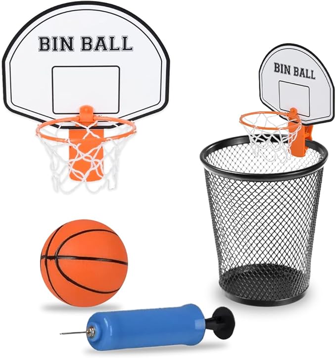 Mini Basketball Trash Can Hoop Set for Office Desk or Home – Fun Indoor Wastebasket Basketball Game with Backboard, Mini Ball & Pump, Stress Relief Office Toy