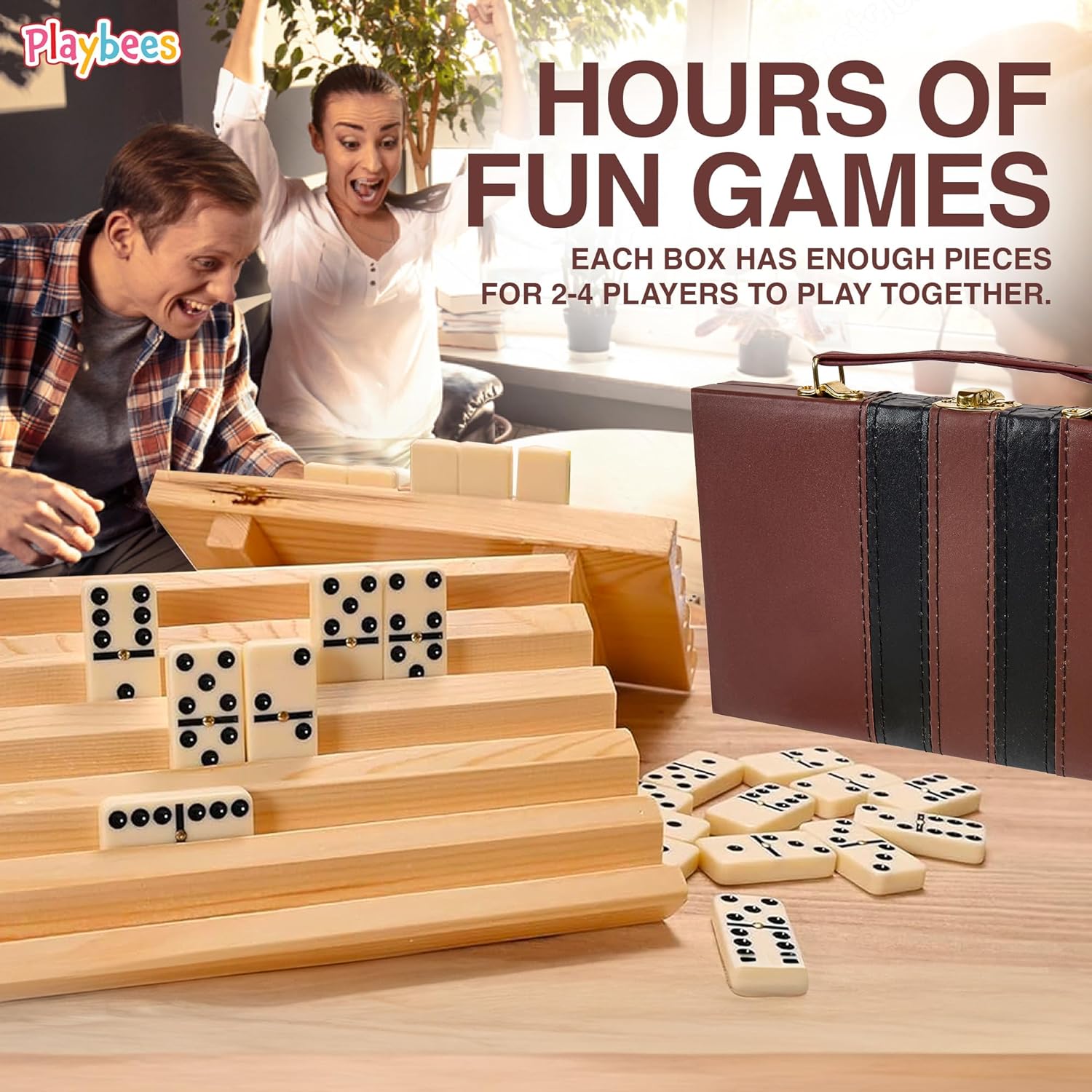 Playbees Jumbo Double Six Dominoes Set - 28 White Classic Tiles in Faux Leather Case - Fun Educational Toy for Kids, Boys, Girls, Classroom Kit, Classic Game Night Party Favors Set, Travel-Friendly