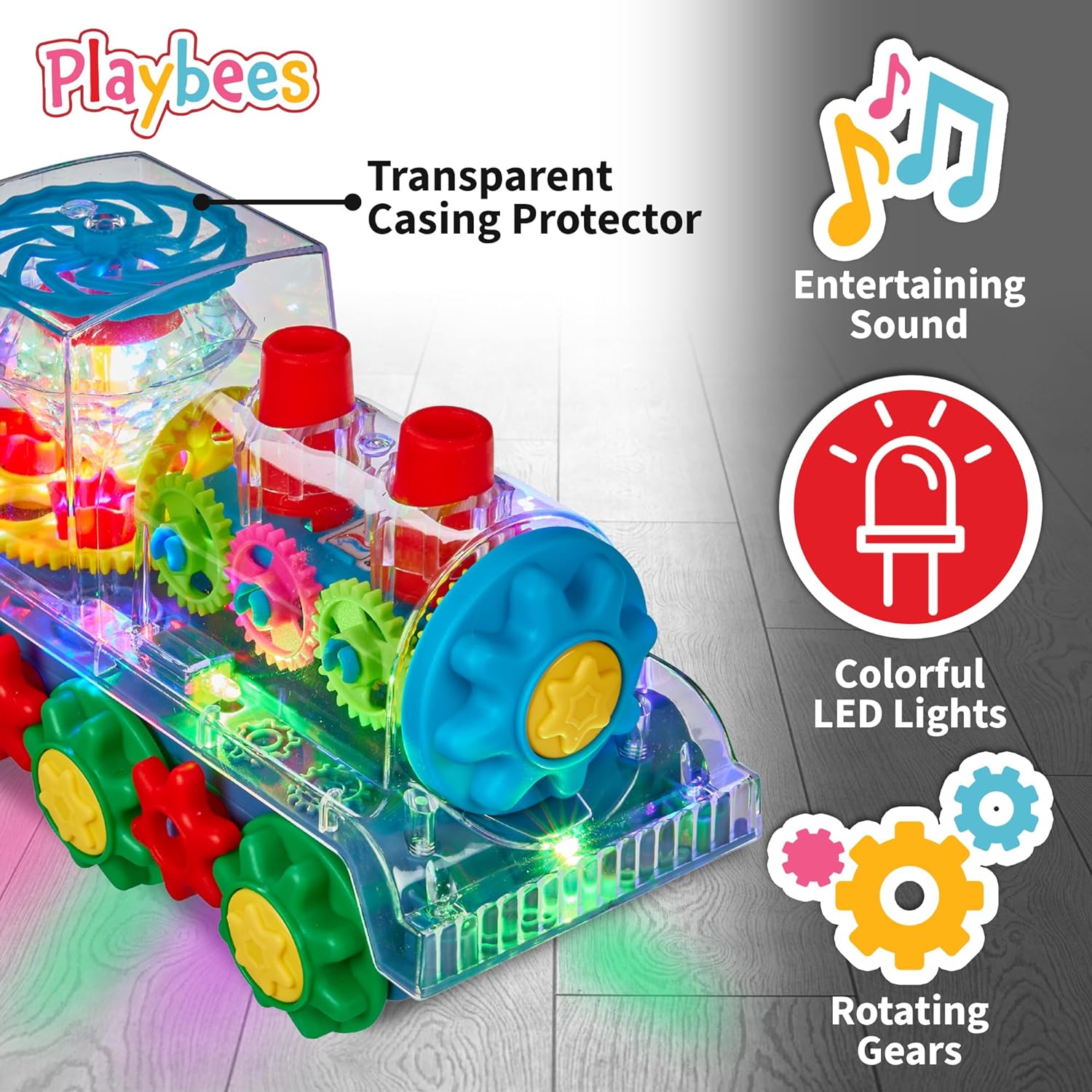Light-Up Transparent Train Toy for Kids - 1 Pack - Bump and Go Colorful Moving Gears, Music, LED Effects