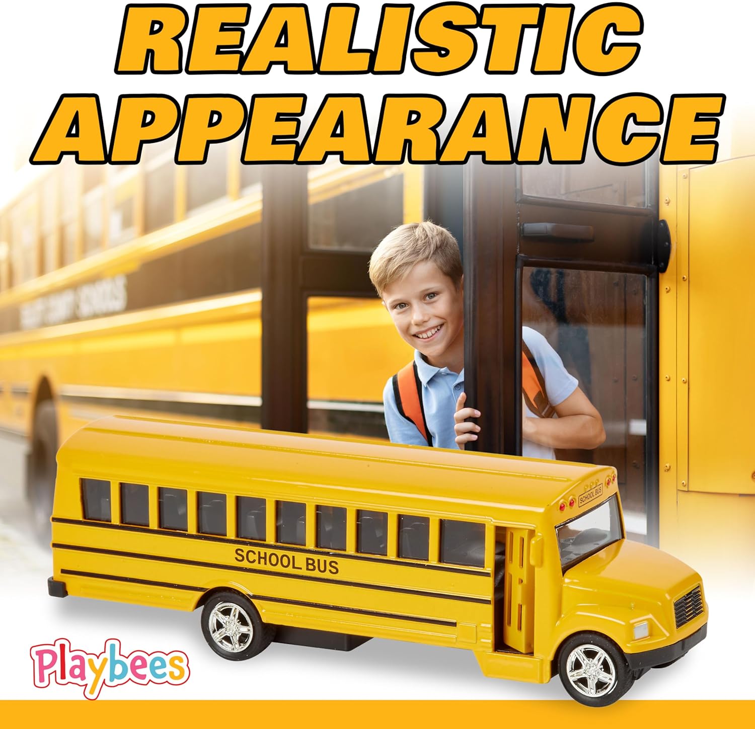 Pullback Diecast School Buses - 1 Pack - 5 Inch Yellow Metal Toys with Write-On Surfaces
