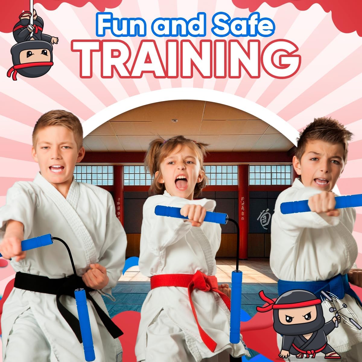 Playbees Foam Toy Nunchucks for Kids, 3 Pack, Red Blue Black Colors, Soft Training Martial Arts Equipment, Gift Toy for Children, Party Favors, Birthday Gift for Boys and Girls,