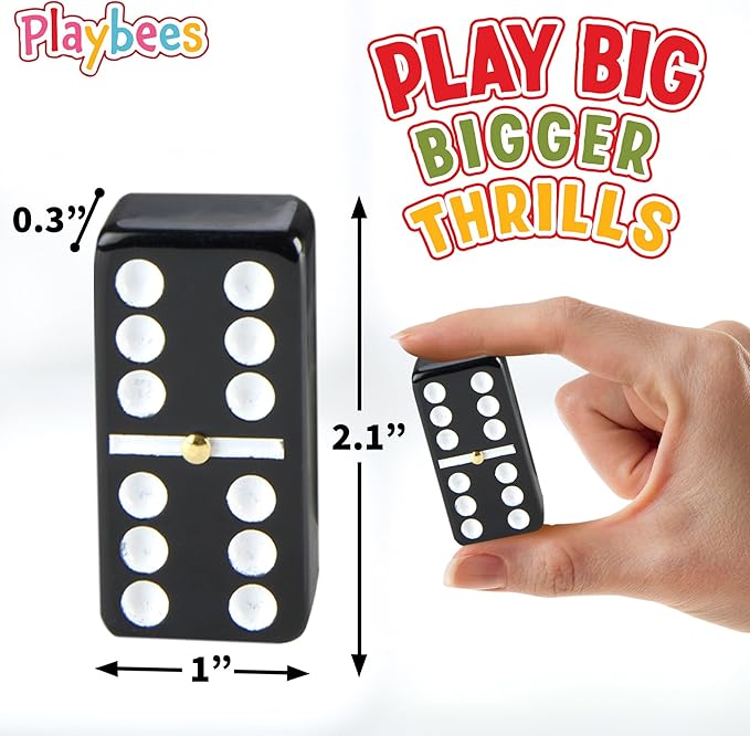 Playbees Jumbo Double Six Dominoes Set - 28 Black Classic Tiles in Faux Leather Case - Fun Educational Toy for Kids, Boys, Girls, Classroom Kit, Classic Game Night Party Favors Set, Travel-Friendly