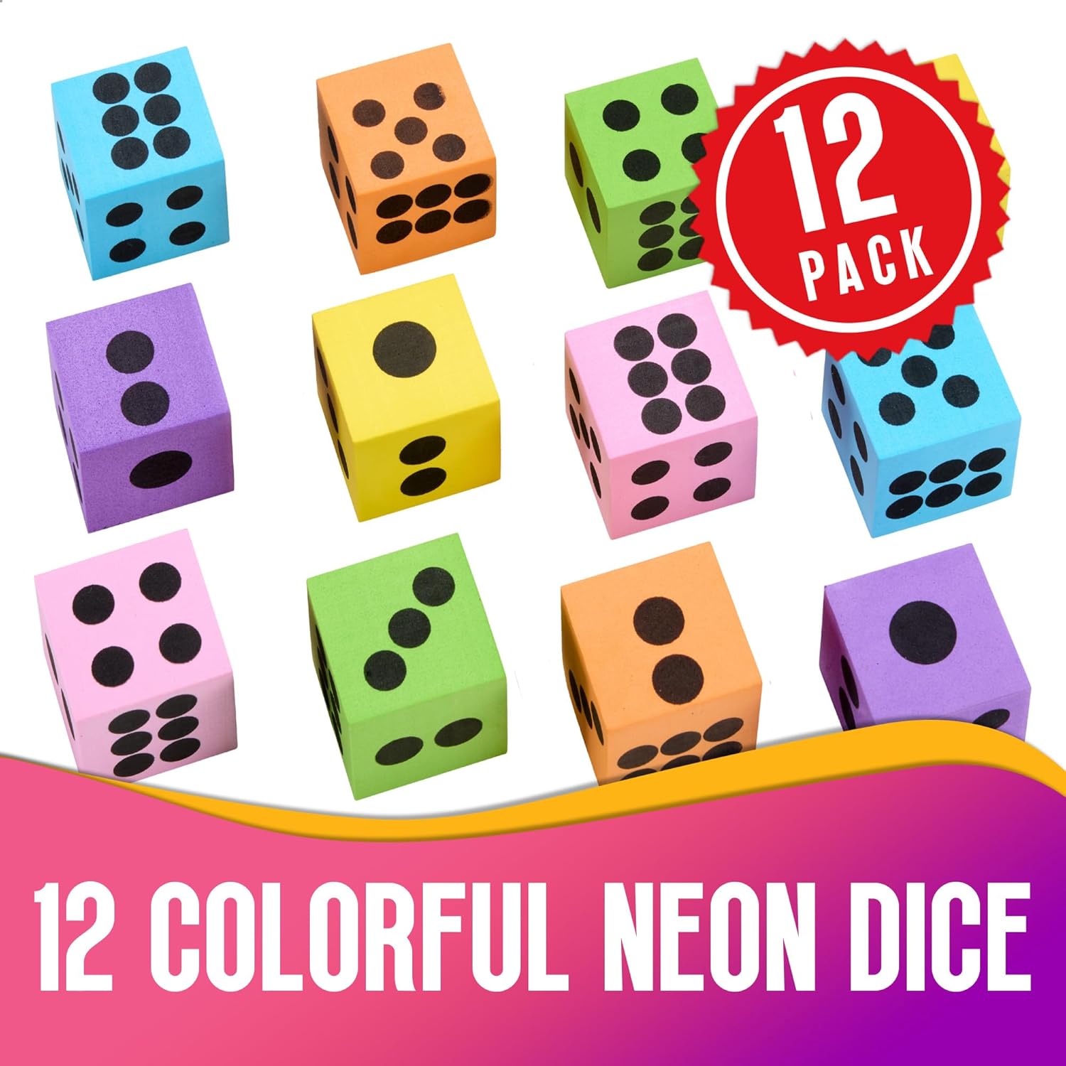 Neon Big Foam Dice Set - 12-Pack, Jumbo, and Colorful Dice for Kids - Ideal for Boosting Math Skills, Great Gifts, and Party Fun