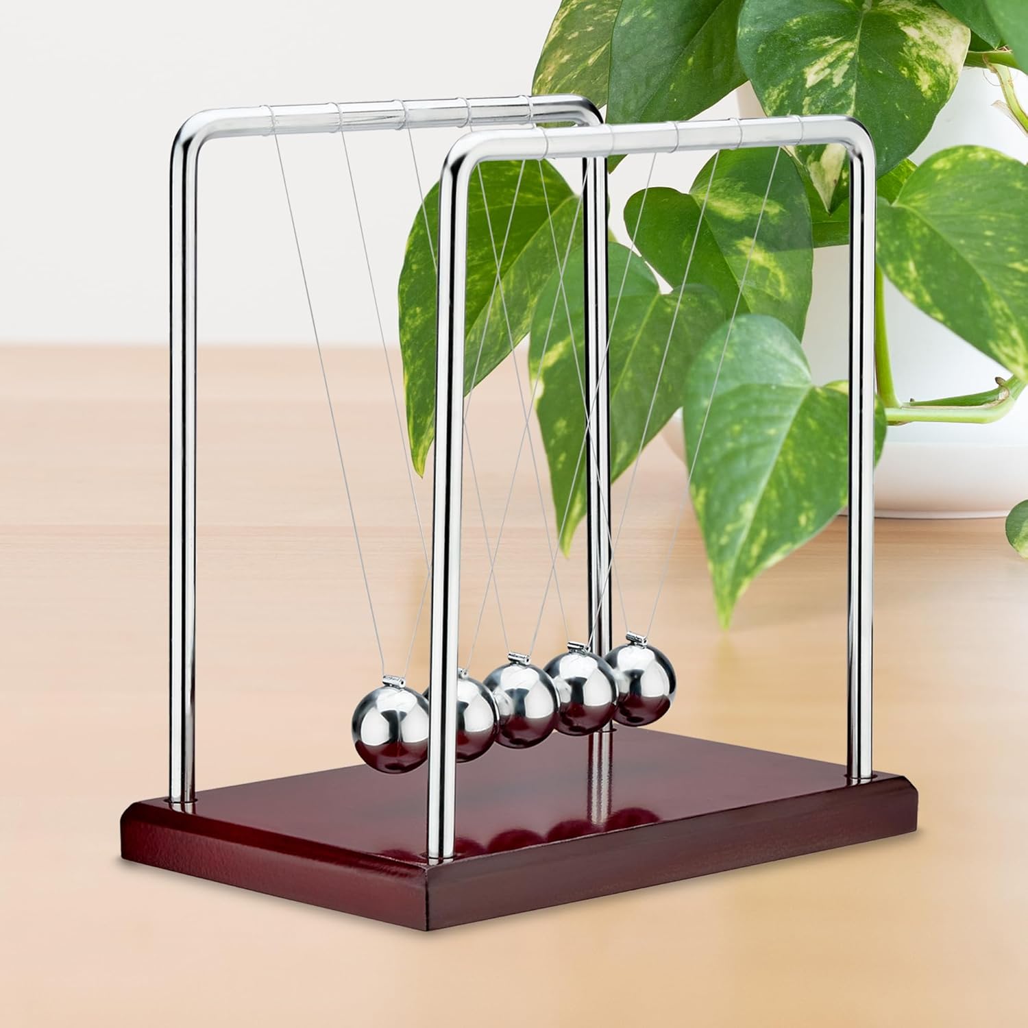 5 Beads Newton’s Cradle Balance Balls Desk Toy – Brown Wooden Base Office Decoration, Fun Science Physics Toy for Home, Bedroom, or Living Room