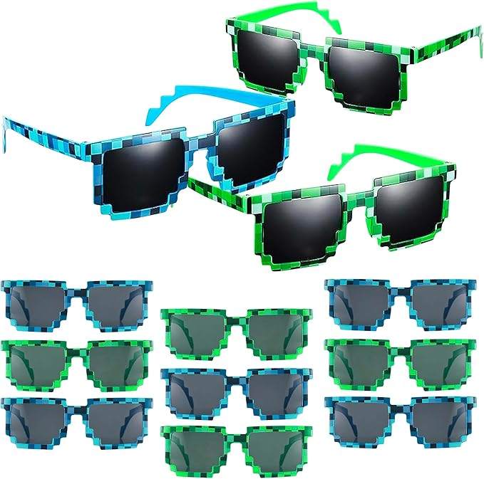 Playbees Pixel Sunglasses - 12 Pack - Robot Eye-wears for Kids and Adults - Pixelated Graphics Frames - Perfect Birthday Party Favors, Gaming Events, Raves, and More - UV Protected and Durabl