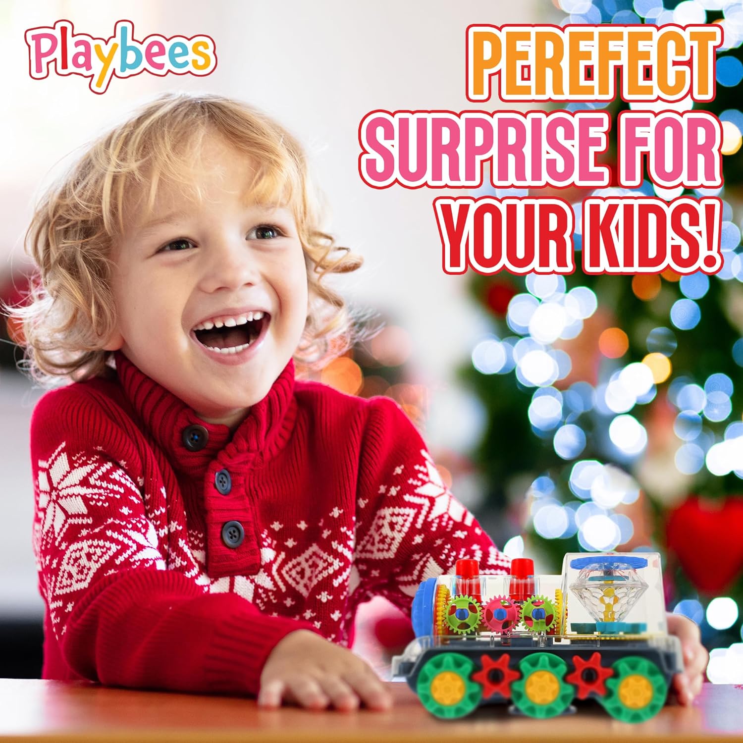 Light-Up Transparent Train Toy for Kids - 1 Pack - Bump and Go Colorful Moving Gears, Music, LED Effects