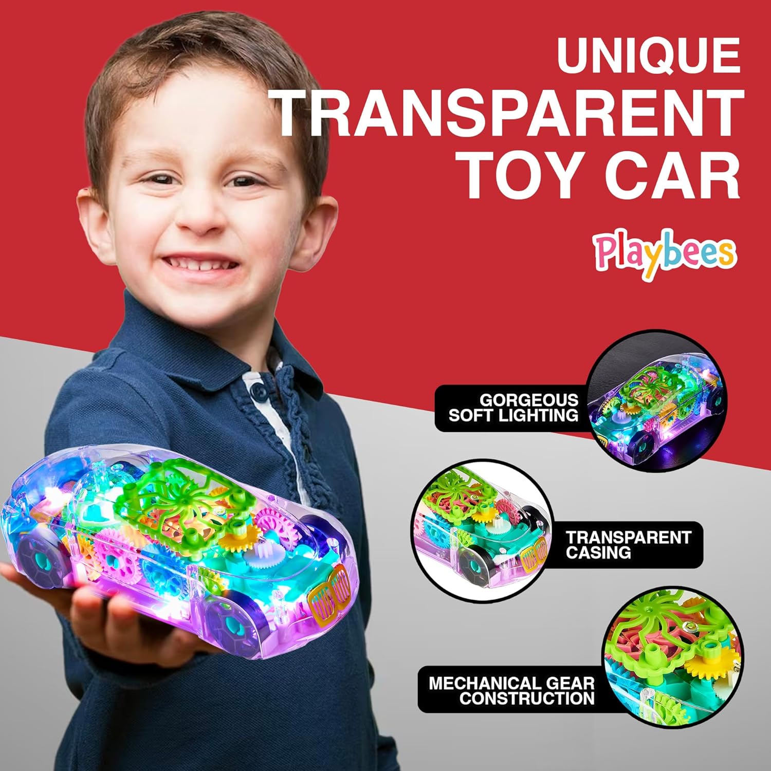 Playbees Light-Up Transparent Car with Remote Control, Toys for Autistic Kids Ages 3-5 Sensory Activity for Kids with Autism Special Needs Toys, Bump and Go Toys for Toddlers Music and LED Effects