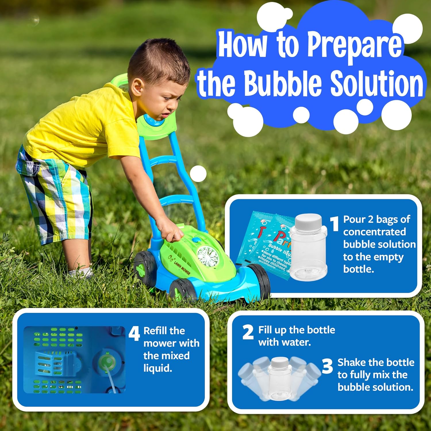 Blue/Green Playbees Bubble Lawn Mower for Toddlers1-3 Great boy Kids Push Summer Outside Garden Toy with Bubbles Amazing Toy for Summer Great Gift idea for Birthday or Preschool & Summer Gift