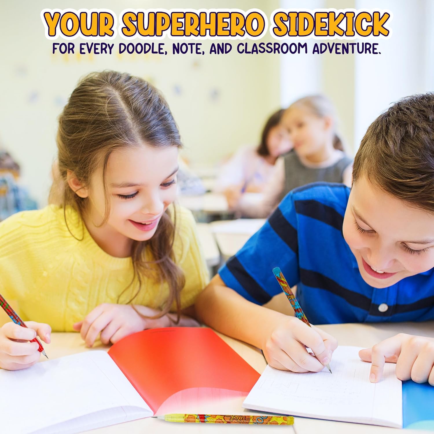 Playbees Superhero Pop Pencils - 24 Pack - Multipoint Pencil Marvel Birthday Party Stackable Pre-Sharpened Classroom Writing Tools for Students, Teachers, Girls, Boys