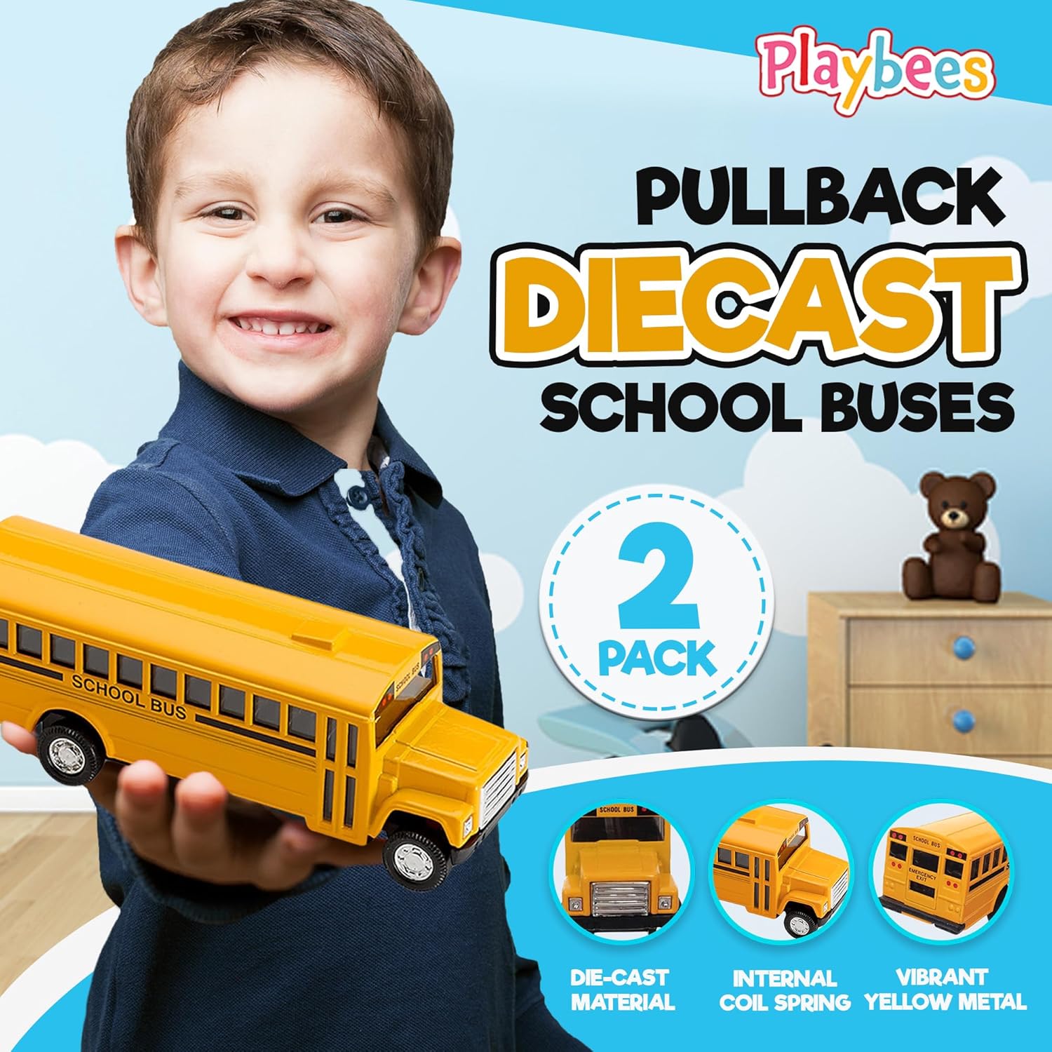 Pullback Diecast School Buses - 2 Pack - Yellow Metal Toys with Write-On Surfaces - Perfect Party Favors, Gifts, and School Memories for Little Boys and Girls - 5 Inch