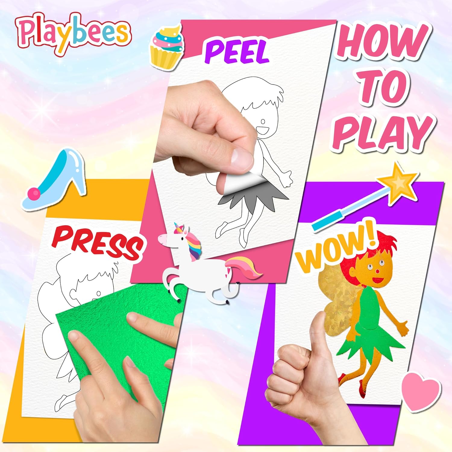 Playbees Foil Art Kit Unicorns & Princesses - Preschool Arts and Crafts Kit for Kids- No Mess Art for Boys & Girls Ages 4, 5, 6, 7, 8, 9 - DIY Creative Activity Art & Craft Activity