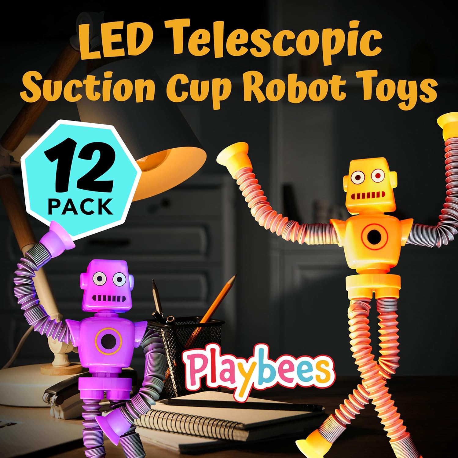 LED Telescopic Suction Cup Robot Toys 12PACK - Shape Changing Educational Fidget Toys, Sensory Toys ADHD Autistic, Stimulating Creative Learning Pop Tubes, Robot Party Favors