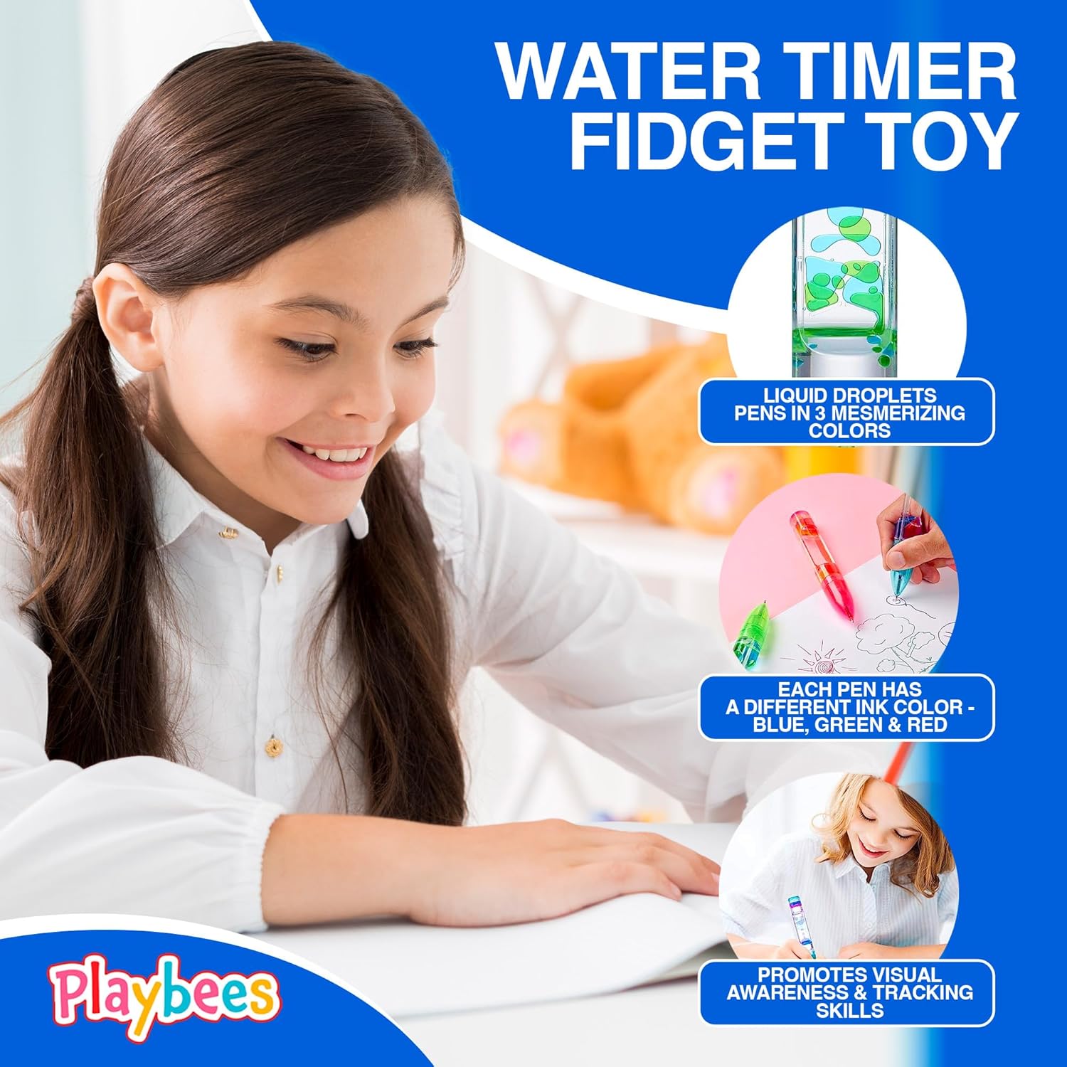 Playbees Liquid Motion Bubbler Pens Cool Pens for Kids (3 Pack) - Writes Like a Regular Pen - Colorful Liquid Timer Pens Great for Stress and Anxiety Relief - Cool Fidget Toys for Kids and Adults