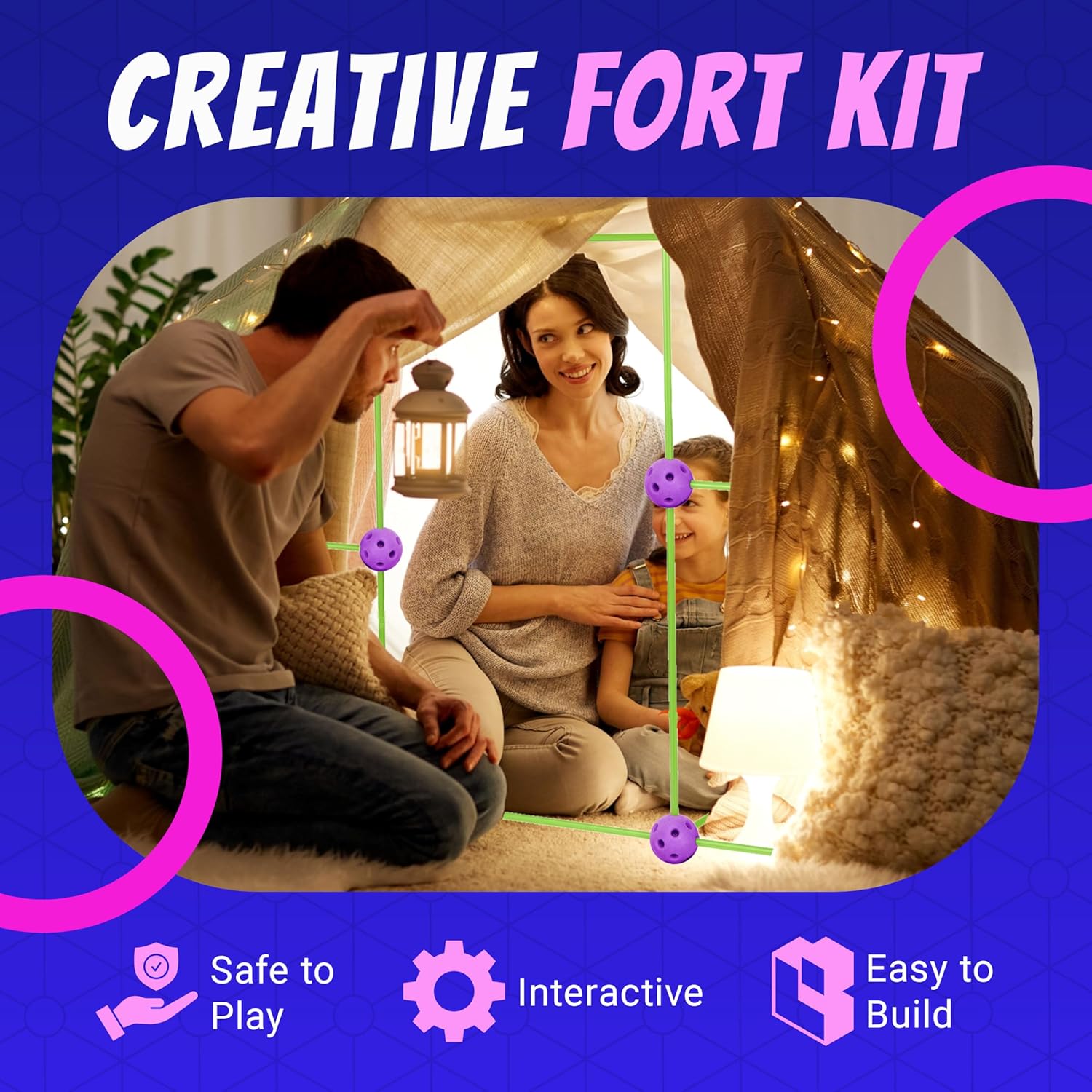Playbees Fort Building Kit – 140 PCS STEM Toy for Kids Ages 4-12 – Build Tents, Castles & Rockets – Includes Rods, Connectors, 2 Blankets & Flashlight – Creative Building Set & Great Gift