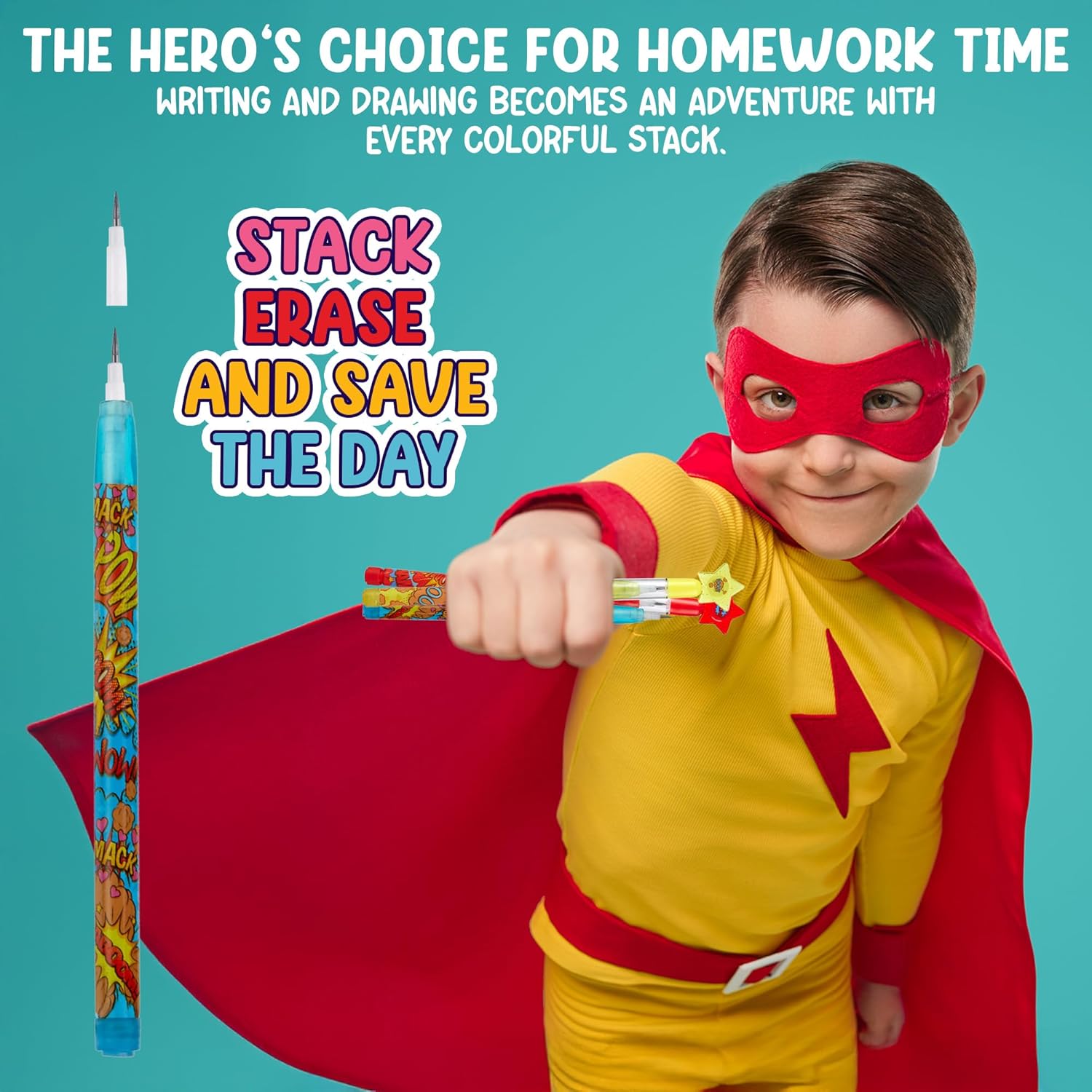 Playbees Superhero Pop Pencils - 24 Pack - Multipoint Pencil Marvel Birthday Party Stackable Pre-Sharpened Classroom Writing Tools for Students, Teachers, Girls, Boys