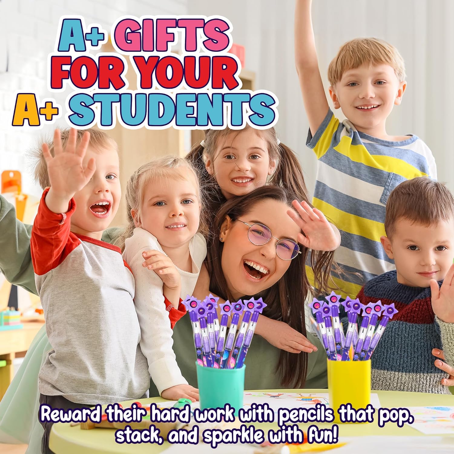 Playbees Outer Space Pop Pencils - 24 Pack - Multipoint Pencil NASA Birthday Party Stackable Pre-Sharpened Classroom Writing Tools for Students, Teachers, Girls, Boys