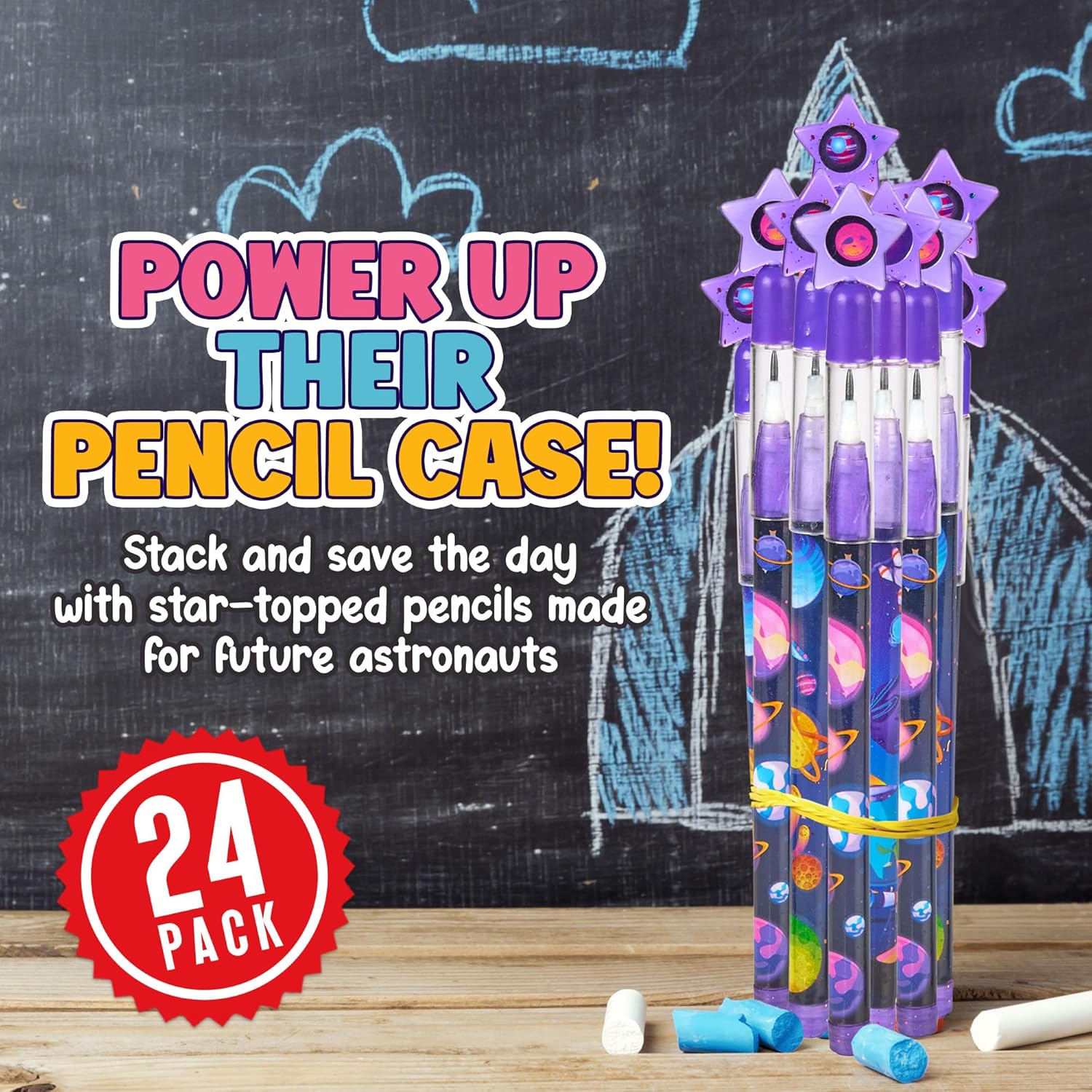 Playbees Outer Space Pop Pencils - 24 Pack - Multipoint Pencil NASA Birthday Party Stackable Pre-Sharpened Classroom Writing Tools for Students, Teachers, Girls, Boys