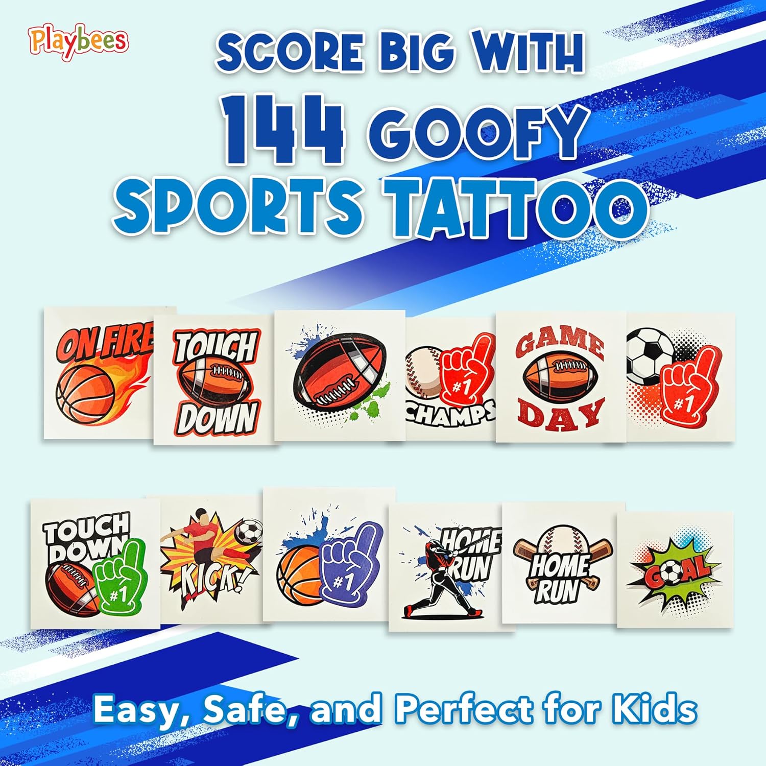 Playbees Sports Tattoos - 144 Pack - Assorted Goofy Sports Designs Tattoos - 2 Inches - Easy to Apply, Water-Based Ink - Sports Party Favors, Bag Stuffers, Fun Gifts - Safe for Kids, Ages 5+