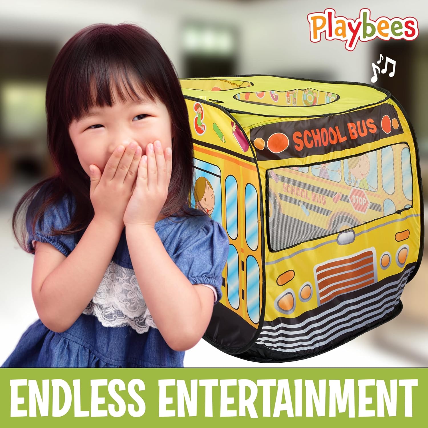 Playbees Musical School Bus Pop Up Play Tent with 3 Openings - Tent for Toddlers - Indoor & Outdoor - Pop Up Tents for Kids - Includes Carry Bag and Sound Button- 43.5x28x26.5 Inch