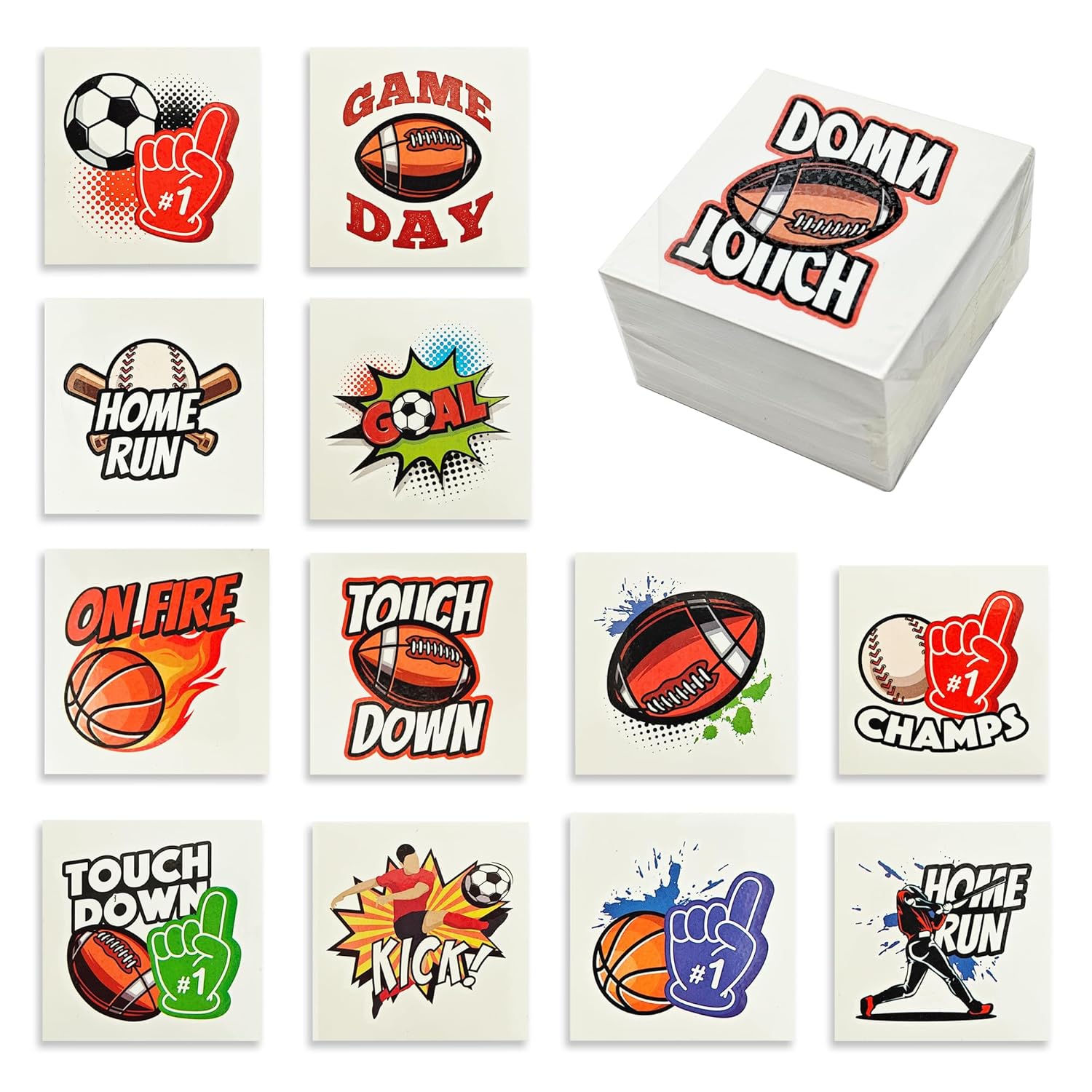 Playbees Sports Tattoos - 144 Pack - Assorted Goofy Sports Designs Tattoos - 2 Inches - Easy to Apply, Water-Based Ink - Sports Party Favors, Bag Stuffers, Fun Gifts - Safe for Kids, Ages 5+