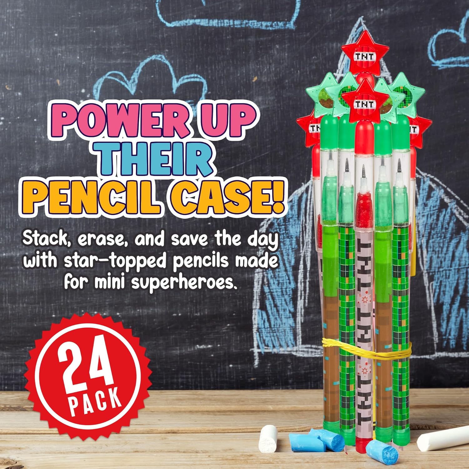Playbees Pixel Miner Pop Pencils - 24 Pack - Translucent Multipoint Pencil Video Game Birthday Party Stackable Pre-Sharpened Classroom for Students, Teachers, Girls, Boys