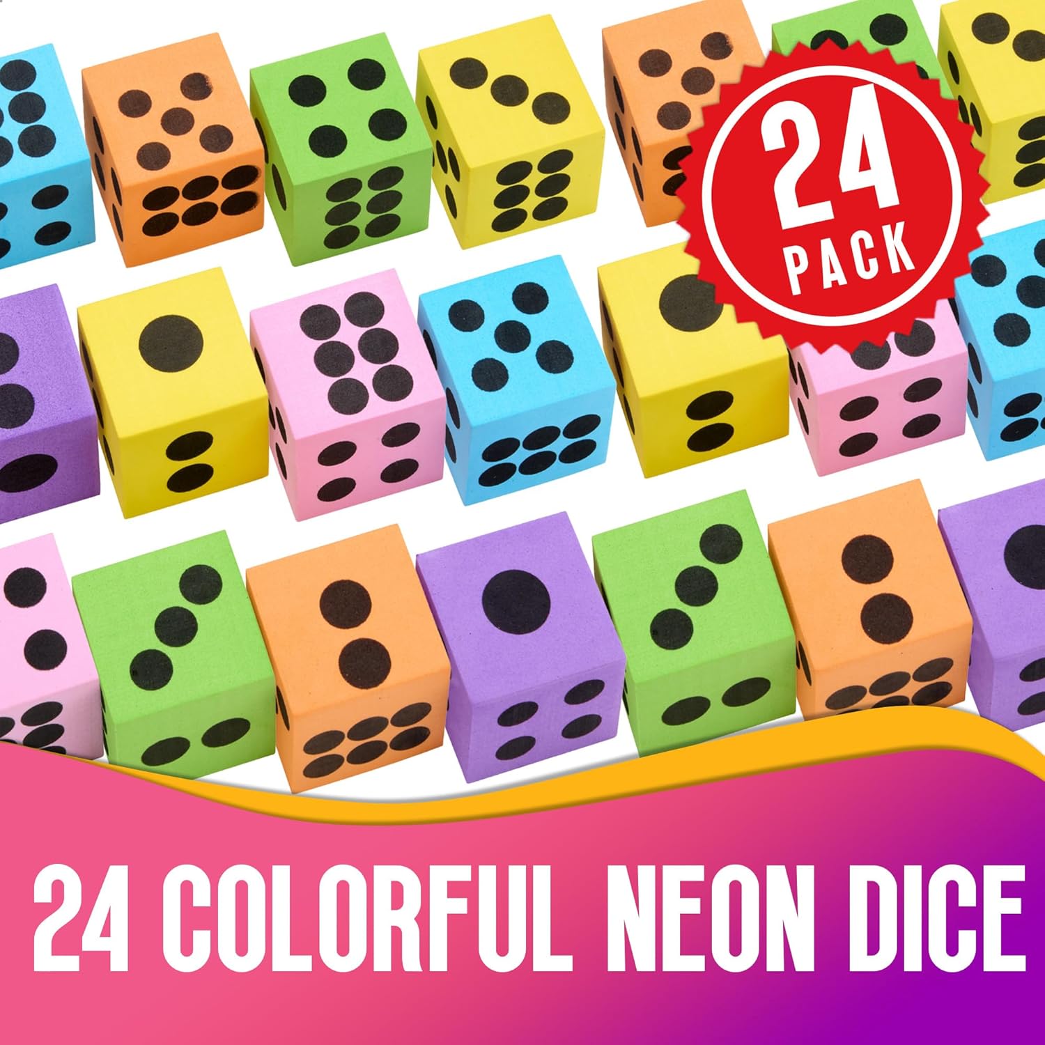 Neon Big Foam Dice Set - 24-Pack, Jumbo, and Colorful Dice for Kids - Ideal for Boosting Math Skills, Great Gifts, and Party Fun