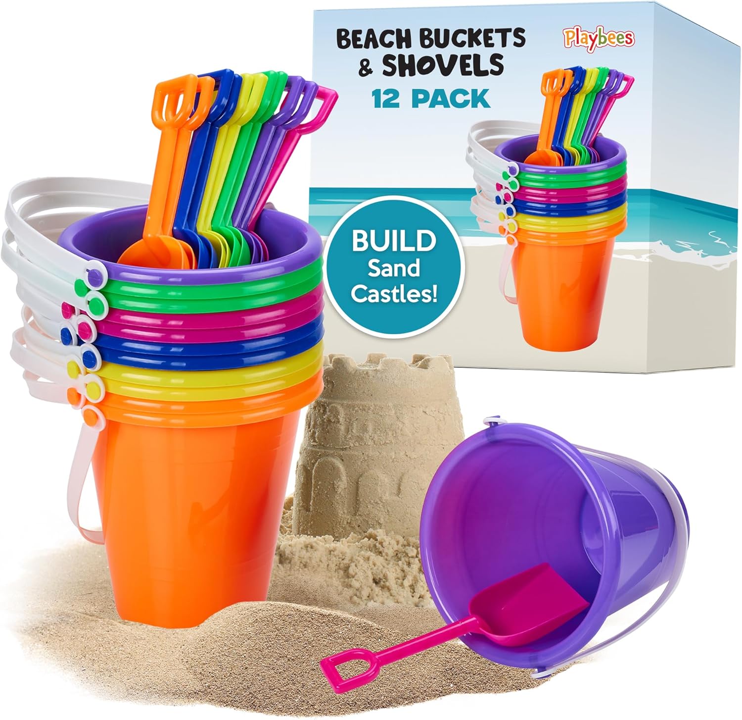 Beach Pail and Shovel Toy Set for Toddler 1-3 Includes 7 Inch Colorful Plastic Beach Buckets and Shovels for Sand Castle Building, Party Favors Decoration for Boys Girls Sandbox Toys (12 Pack)