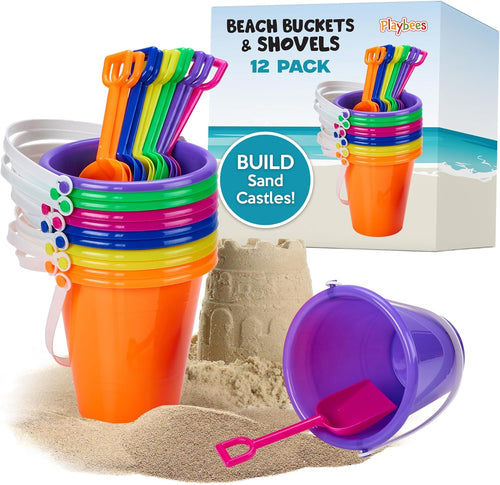 Beach Pail and Shovel Toy Set for Toddler 1-3 Includes 7 Inch Colorful Plastic Beach Buckets and Shovels for Sand Castle Building, Party Favors Decoration for Boys Girls Sandbox Toys (12 Pack)