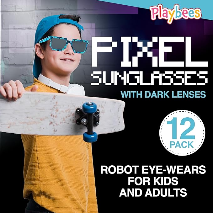 Playbees Pixel Sunglasses - 12 Pack - Robot Eye-wears for Kids and Adults - Pixelated Graphics Frames - Perfect Birthday Party Favors, Gaming Events, Raves, and More - UV Protected and Durabl