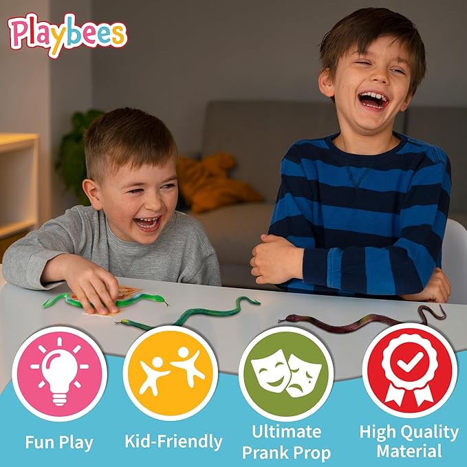 Playbees Rubber Toy Snakes - 12-Pack - 14 Inches - Assorted Lifelike Fake Plastic Toy Snake, Realistic Serpents for Kids, Events, and Gags, Flexible and Float to Prank Friends and Family