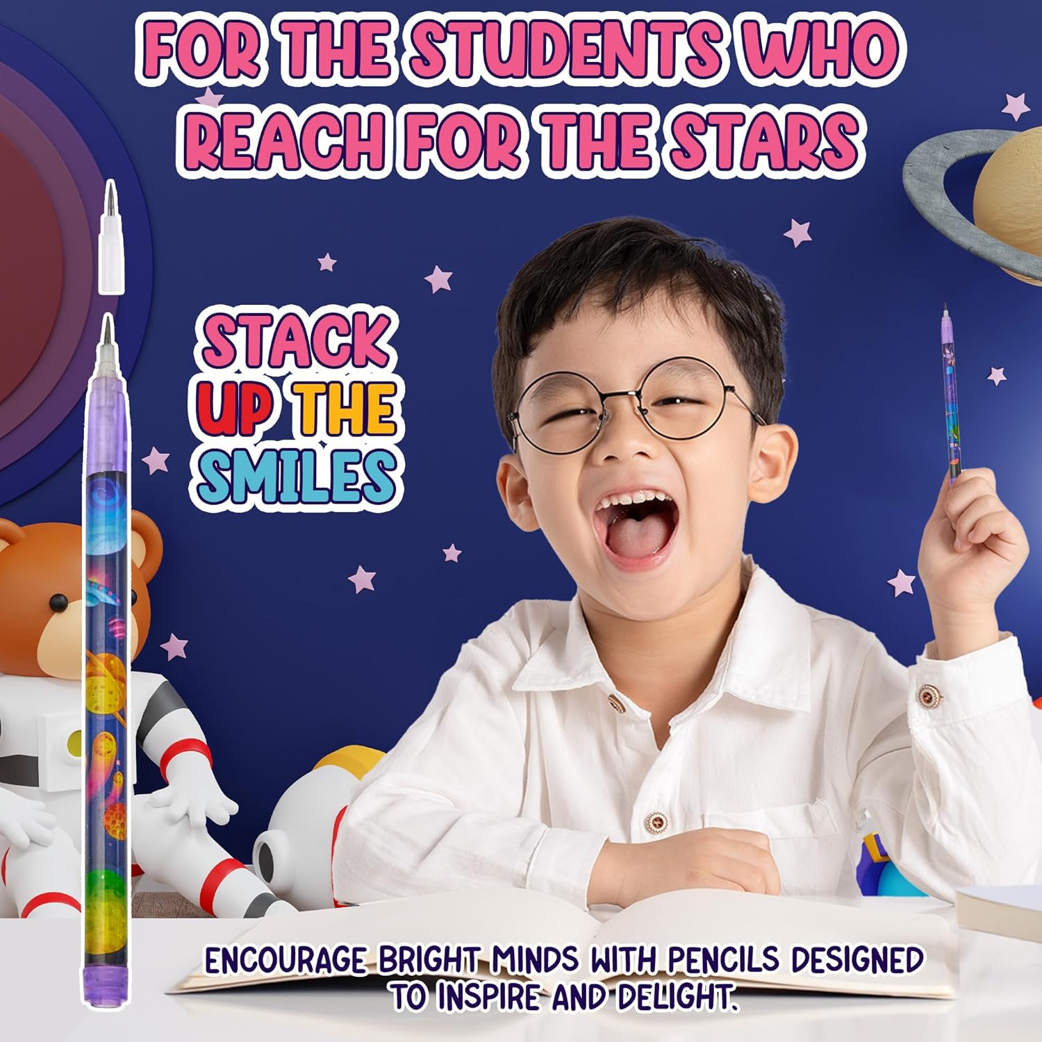 Playbees Outer Space Pop Pencils - 24 Pack - Multipoint Pencil NASA Birthday Party Stackable Pre-Sharpened Classroom Writing Tools for Students, Teachers, Girls, Boys
