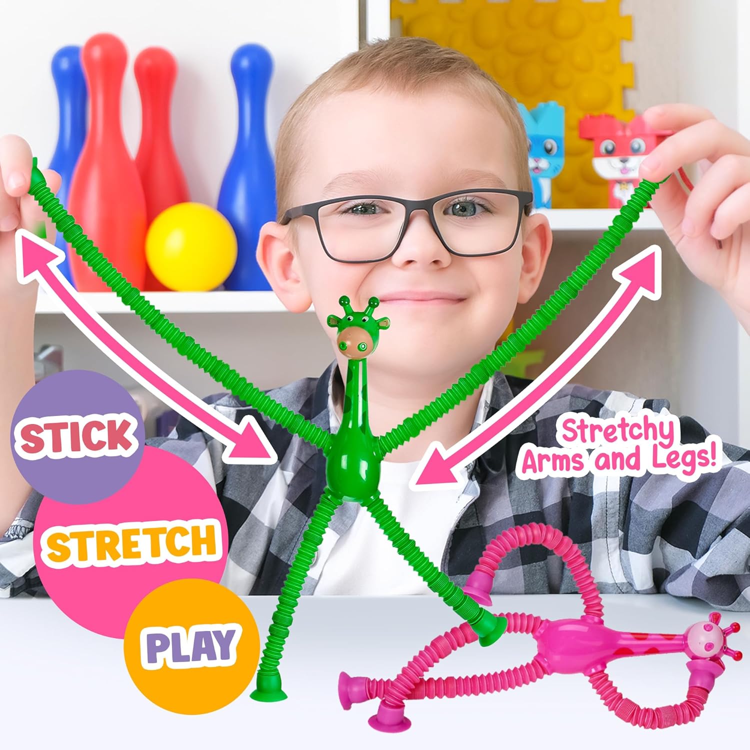 Playbees LED Telescopic Suction Cup Giraffe Toys 12PACK Shape Changing Educational Fidget Toys Child Fun Interaction Sensory Toys ADHD Autistic Stimulating Creative Learning - Anxiety Imaginative Play