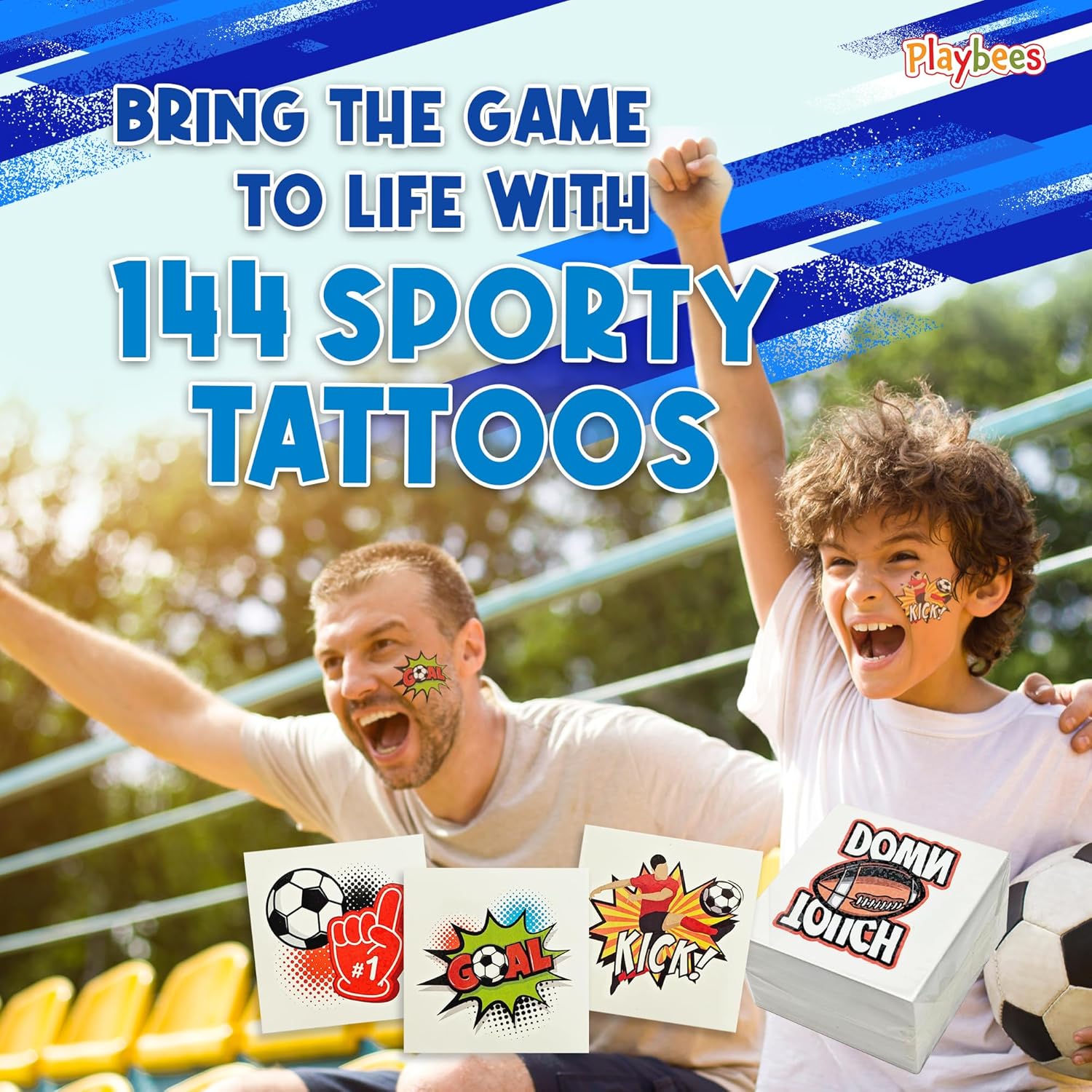 Playbees Sports Tattoos - 144 Pack - Assorted Goofy Sports Designs Tattoos - 2 Inches - Easy to Apply, Water-Based Ink - Sports Party Favors, Bag Stuffers, Fun Gifts - Safe for Kids, Ages 5+