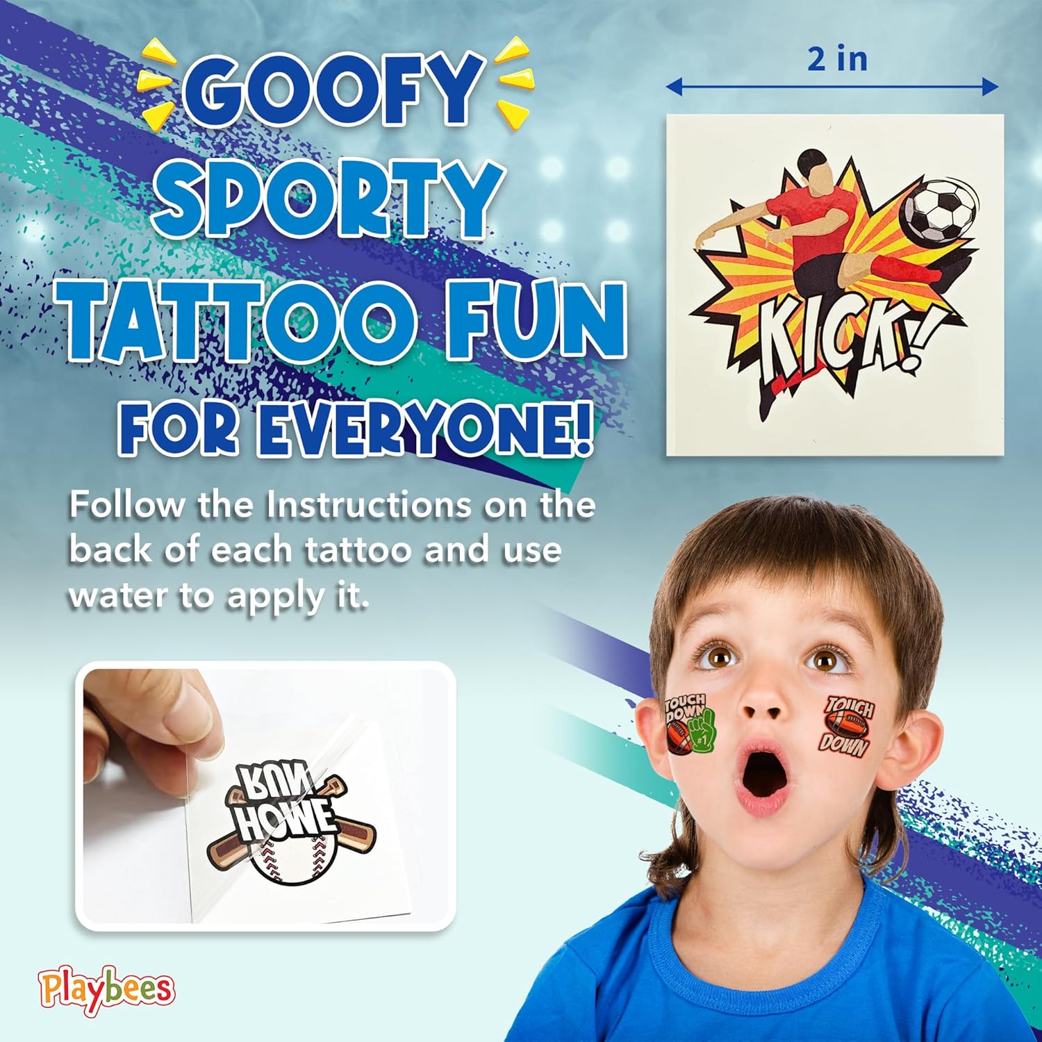 Playbees Sports Tattoos - 144 Pack - Assorted Goofy Sports Designs Tattoos - 2 Inches - Easy to Apply, Water-Based Ink - Sports Party Favors, Bag Stuffers, Fun Gifts - Safe for Kids, Ages 5+
