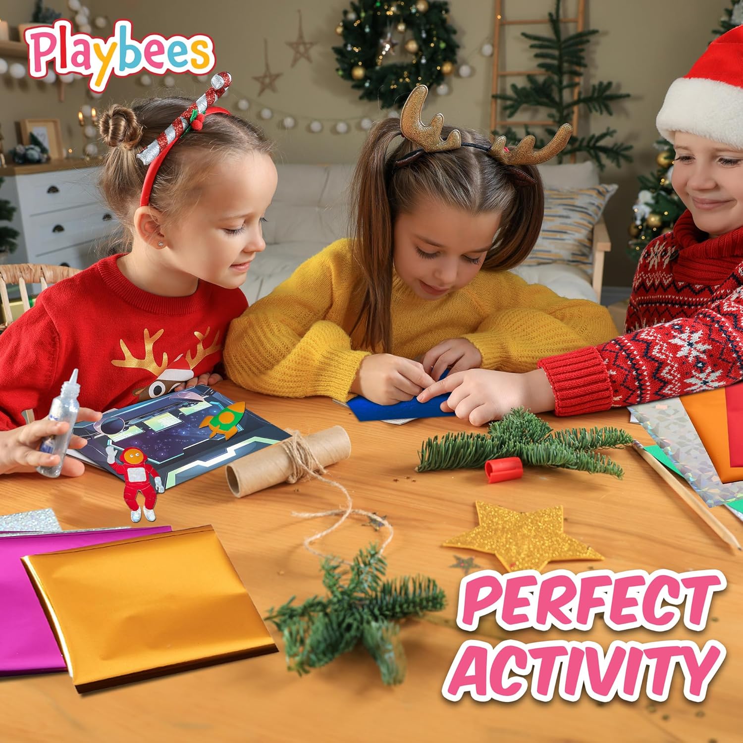 Playbees Foil Art Kit Outer Space - Preschool Arts and Crafts Kit for Kids- No Mess Art for Boys & Girls Ages 4, 5, 6, 7, 8, 9 Years Old - DIY Creative Activity - Art & Craft Activity