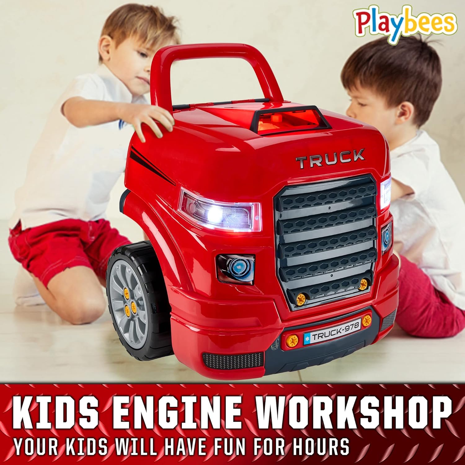 Playbees Extra Large Red Truck Engine Repair Toy – Kids Mechanic Repair Set with Tools, Lights & Sounds – Interactive Take-Apart Engine Builder Truck, Great
