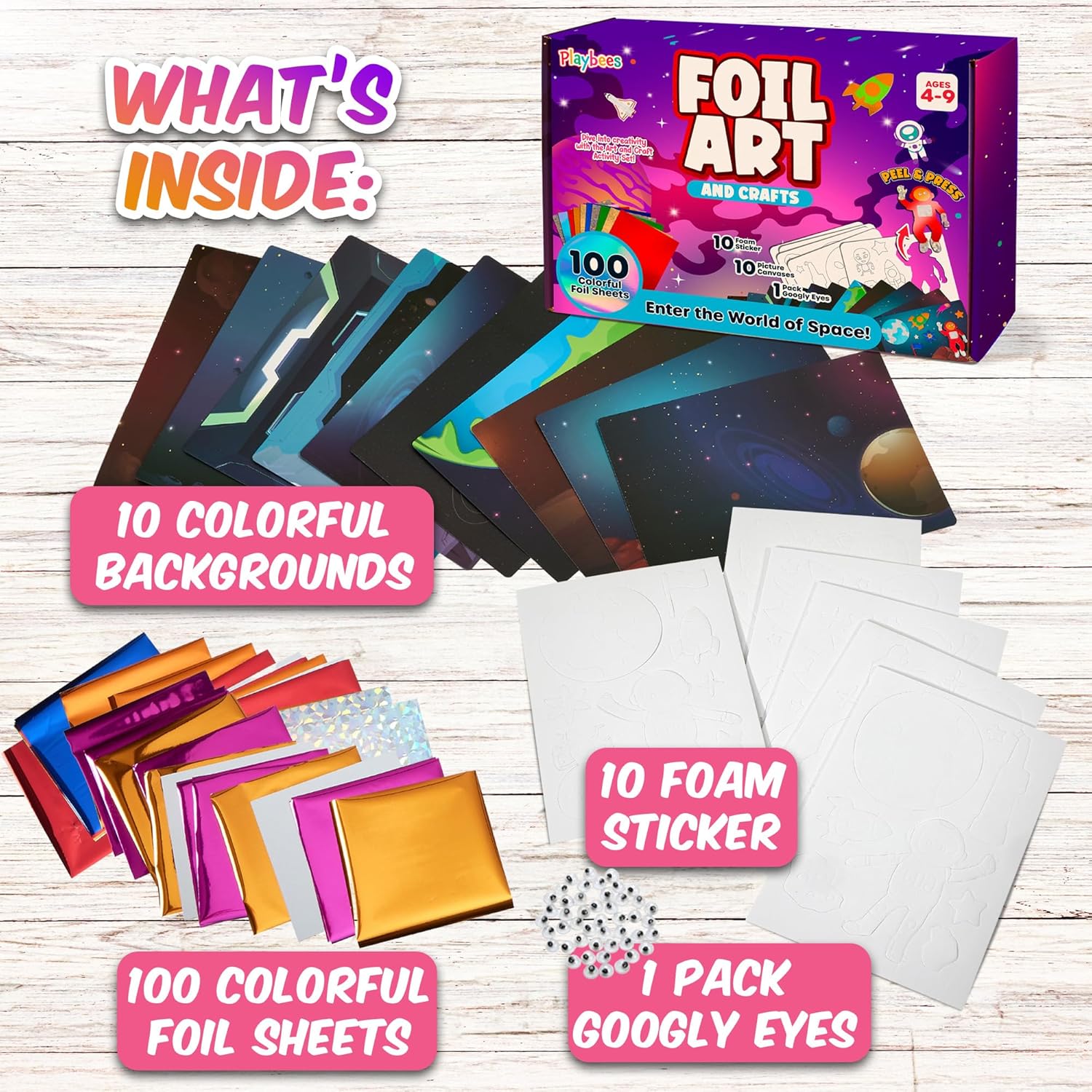 Playbees Foil Art Kit Outer Space - Preschool Arts and Crafts Kit for Kids- No Mess Art for Boys & Girls Ages 4, 5, 6, 7, 8, 9 Years Old - DIY Creative Activity - Art & Craft Activity