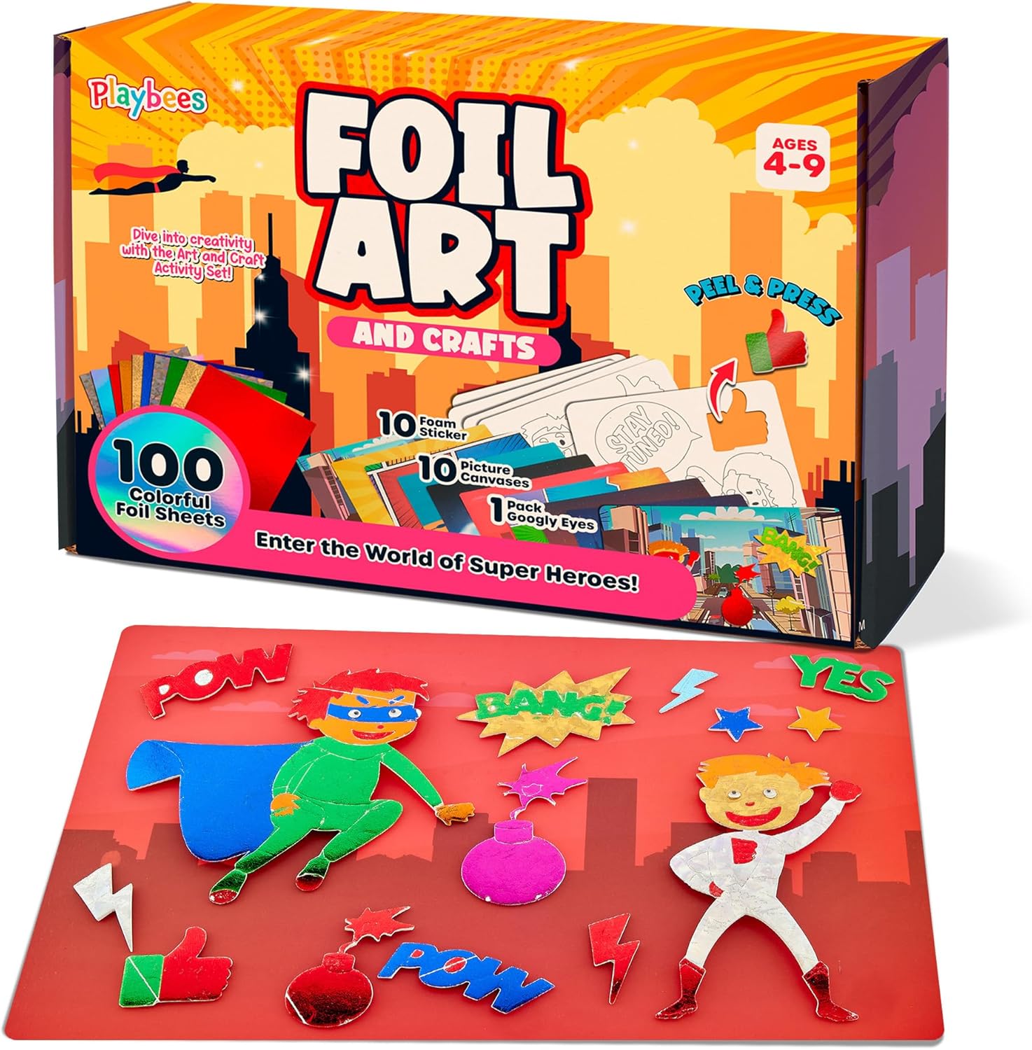 Playbees Foil Art Dinosaurs Arts and Crafts Kit Kids 3-9 DIY No Mess Preschool Activity Self Adhesive Foil Sheets Creative Dinosaur Craft Set Educational Gift Boys Girls