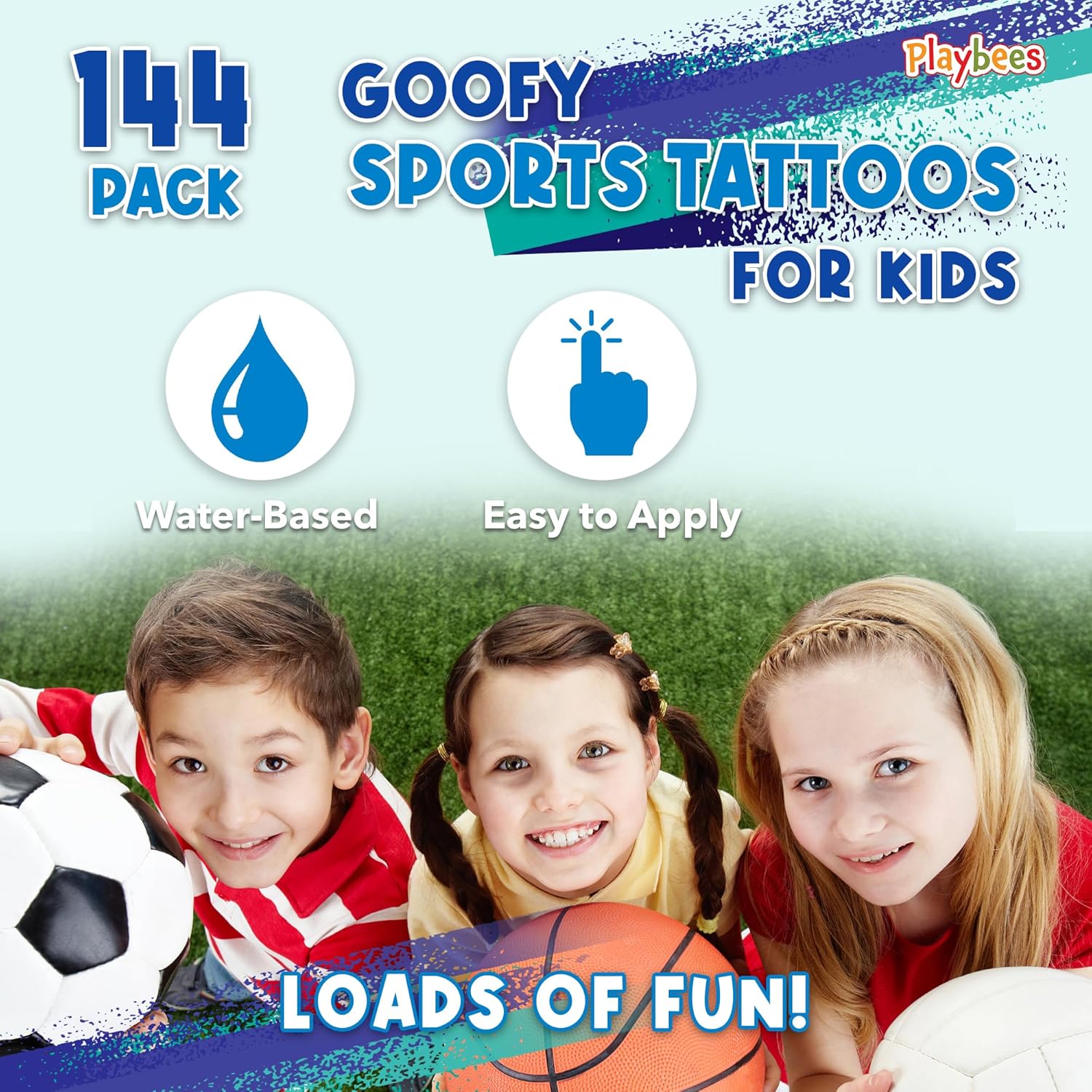 Playbees Sports Tattoos - 144 Pack - Assorted Goofy Sports Designs Tattoos - 2 Inches - Easy to Apply, Water-Based Ink - Sports Party Favors, Bag Stuffers, Fun Gifts - Safe for Kids, Ages 5+